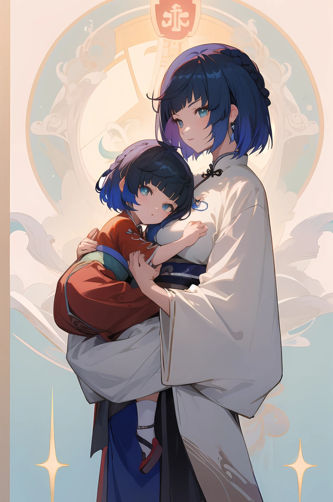 anime image of two women dressed in traditional china clothing in Spring, palace a girl in hanfu, wlop and sakimichan, short hair, blue haired deity, characters from azur lane, anime fantasy illustration, from the azur lane videogame, genshin, artwork in the style of guweiz, cultivator detailed art, two beautiful anime girls, mother and child, symbol of maternal love, mother and child, such as photos of mother and child