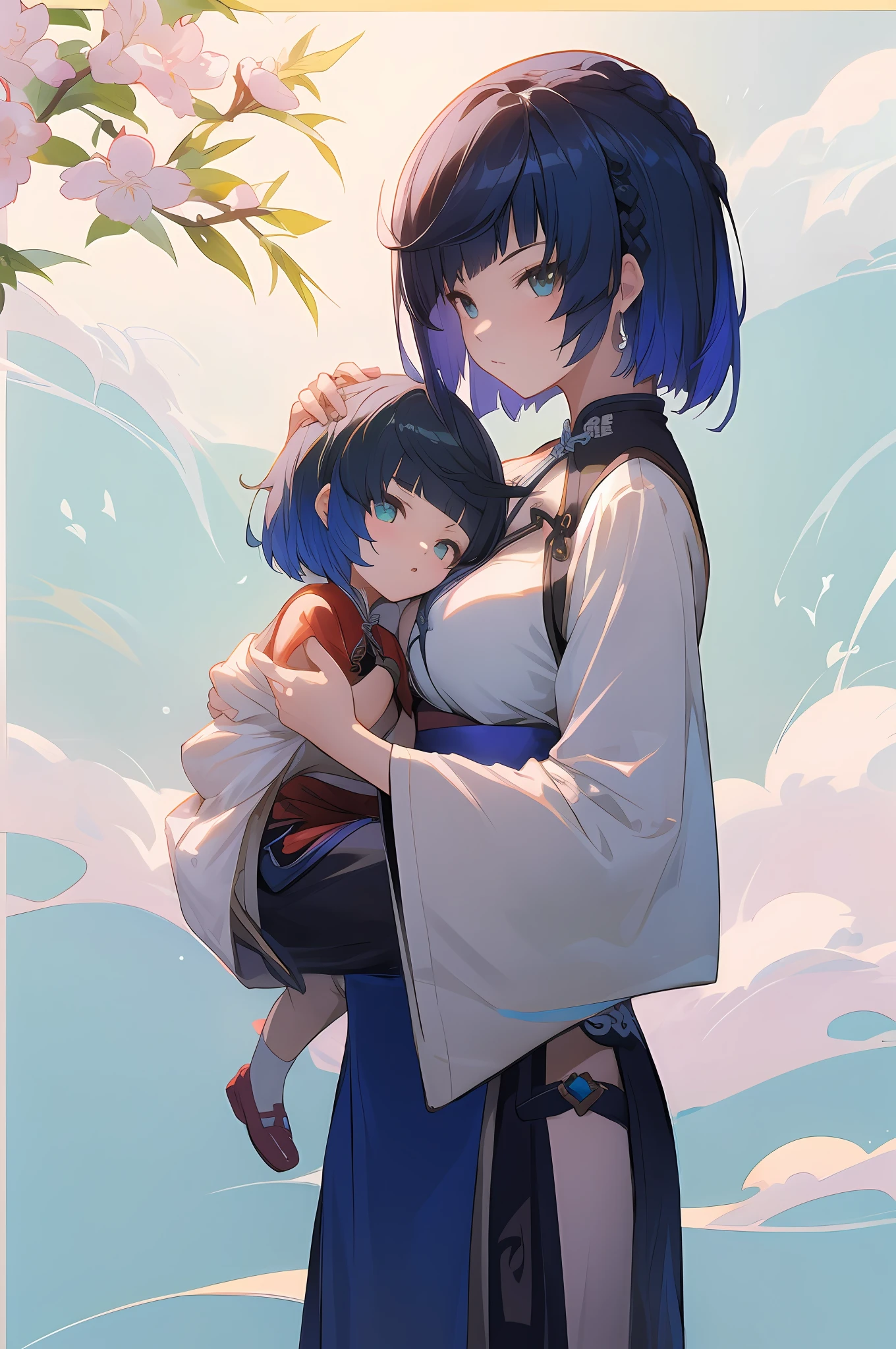 anime image of two women dressed in traditional china clothing in Spring, palace a girl in hanfu, wlop and sakimichan, short hair, blue haired deity, characters from azur lane, anime fantasy illustration, from the azur lane videogame, genshin, artwork in the style of guweiz, cultivator detailed art, two beautiful anime girls, mother and child, symbol of maternal love, mother and child, such as photos of mother and child