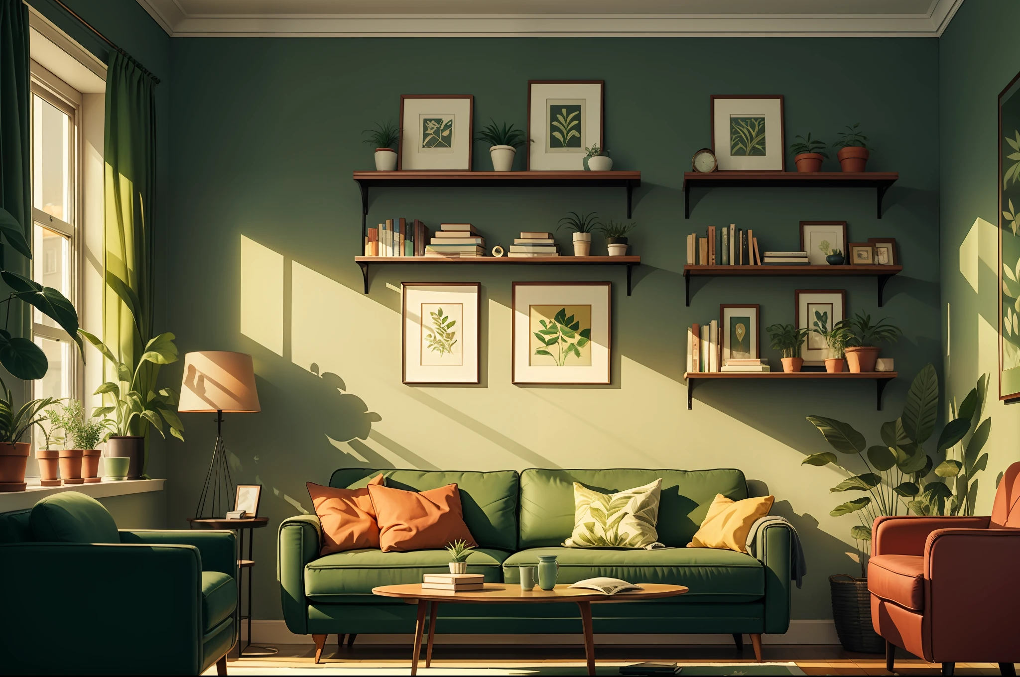 a living room with a red couch and a green plant on the wall and a book shelf with books