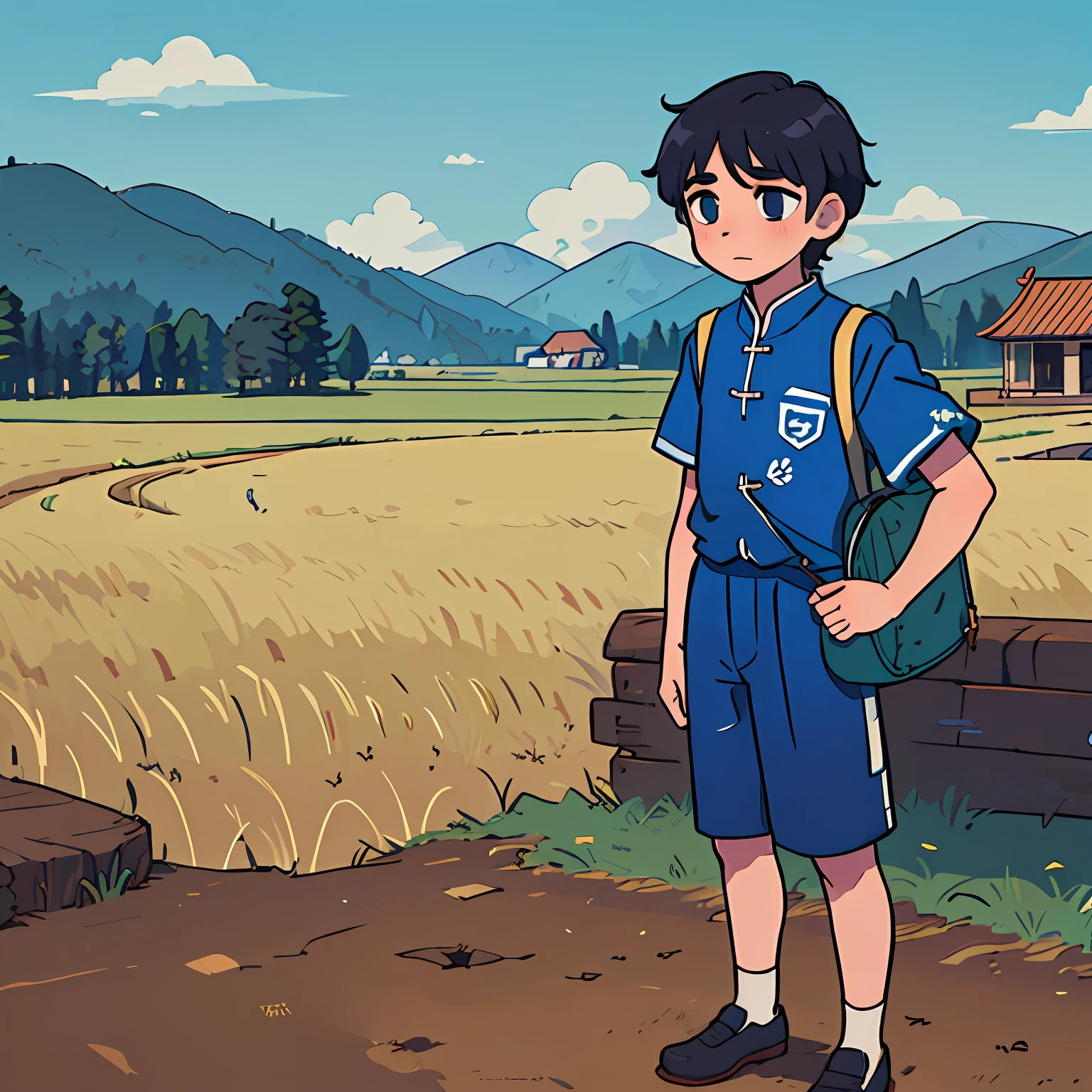 A high school boy standing with short hair, wearing a Chinese-style blue and white school uniform with tiny patches on his clothes, dark face, rural background, adult, cartoon, flat style --auto