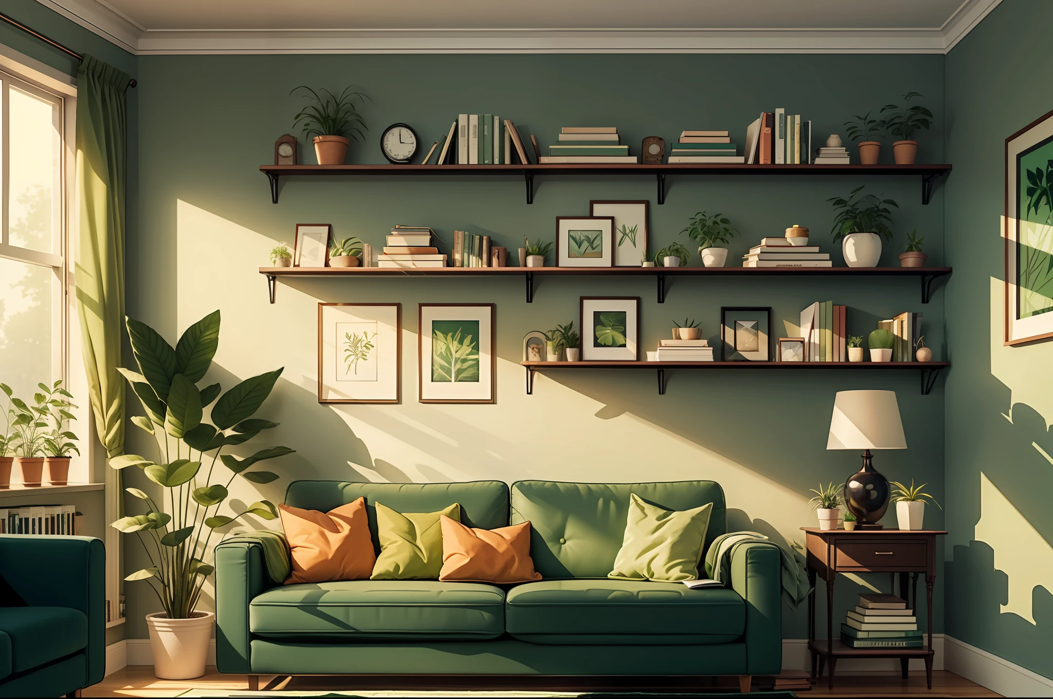 a living room with a red couch and a green plant on the wall and a book shelf with books