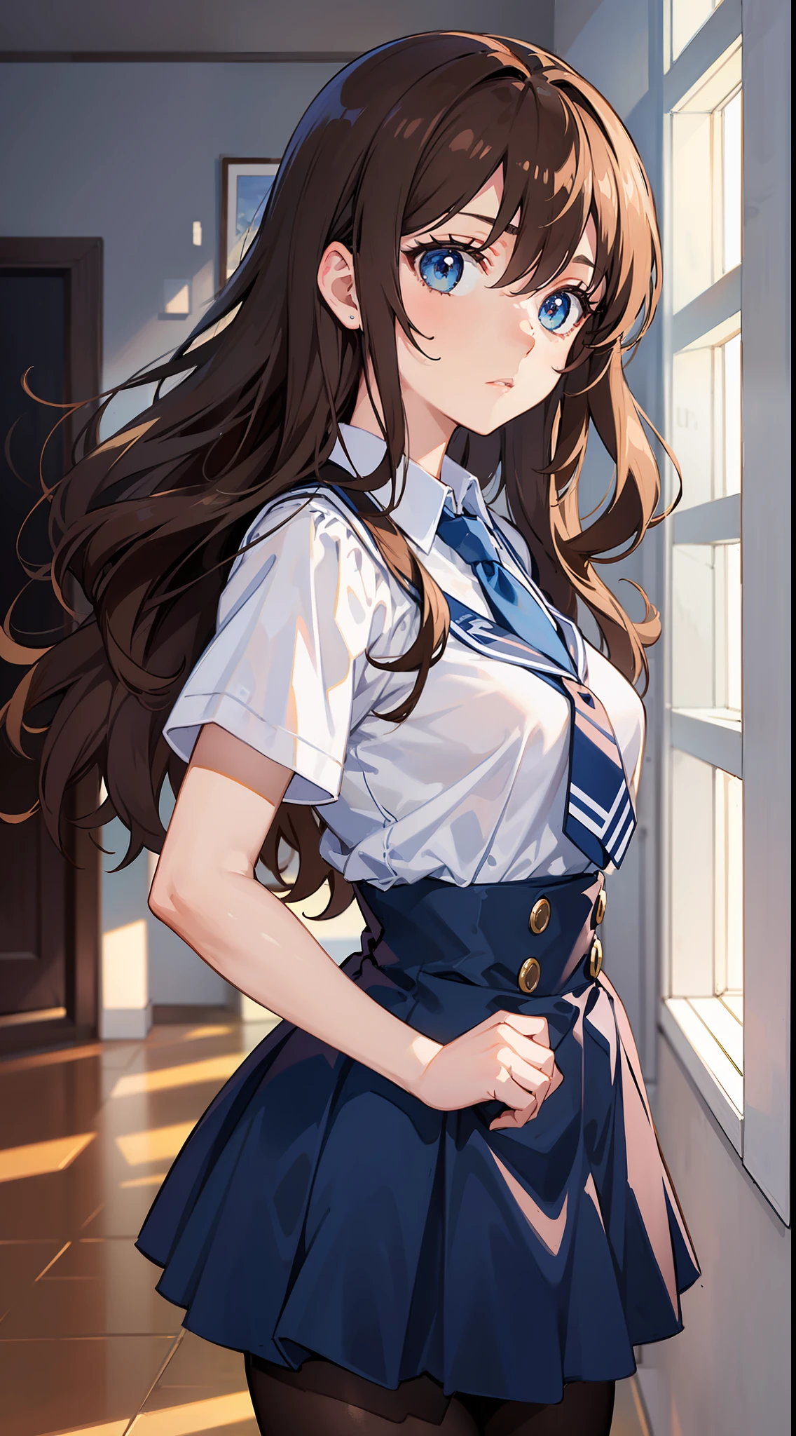 Two-dimensional, a girl, high school student, ((brown hair)), brown silky curly long hair, blue godly eyes, normal expression, brow stretched, JK uniform, like Detective Conan character, best shadow, best picture quality, best light, high resolution, movie lighting, masterpiece, atmosphere, beautiful graphics, beautiful eyes