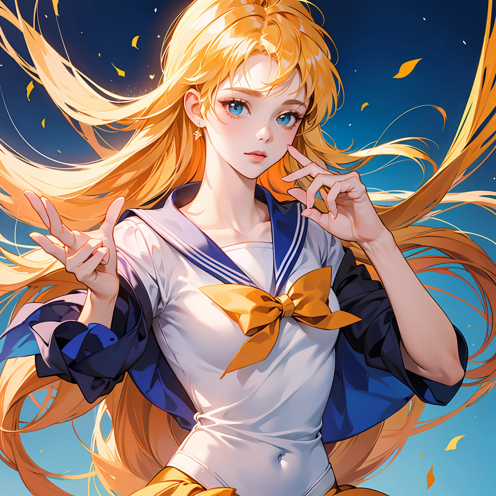 (Sailor Venus: 0.9), (Masterpiece), (Best Quality: 1.0), (Ultra High Definition: 1.0), Detail, SFW, Masterpiece, Delicate, Elegant, Best Quality, Detailed, Detailed, Colorful, Intricate Detail, (8K: 1.1), (Ultra High Definition), Solo: 1.9, 1 girl: --auto