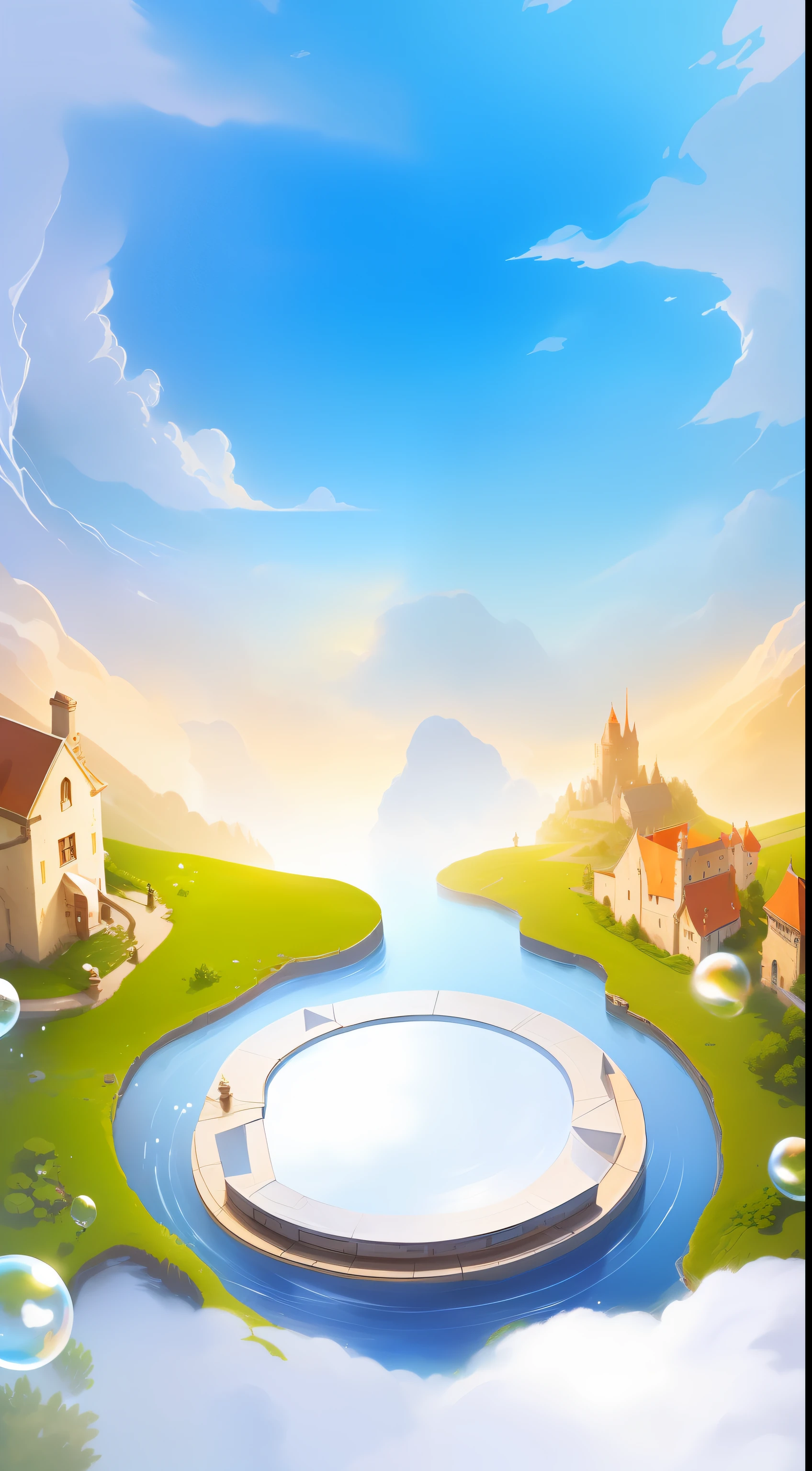 There is a picture steaming with a small pond in the middle of the field, mobile game background, game background, background artwork, mobile game art, stylized game art, 2D game art background, light kingdom background, 4 k hd wallpaper illustration, fairy tale style background, fantasy matte painting, cute, 4k hd illustration wallpaper, fantasy game art style, background art, fairy tale castle, bubbles, river, clouds, blue sky
