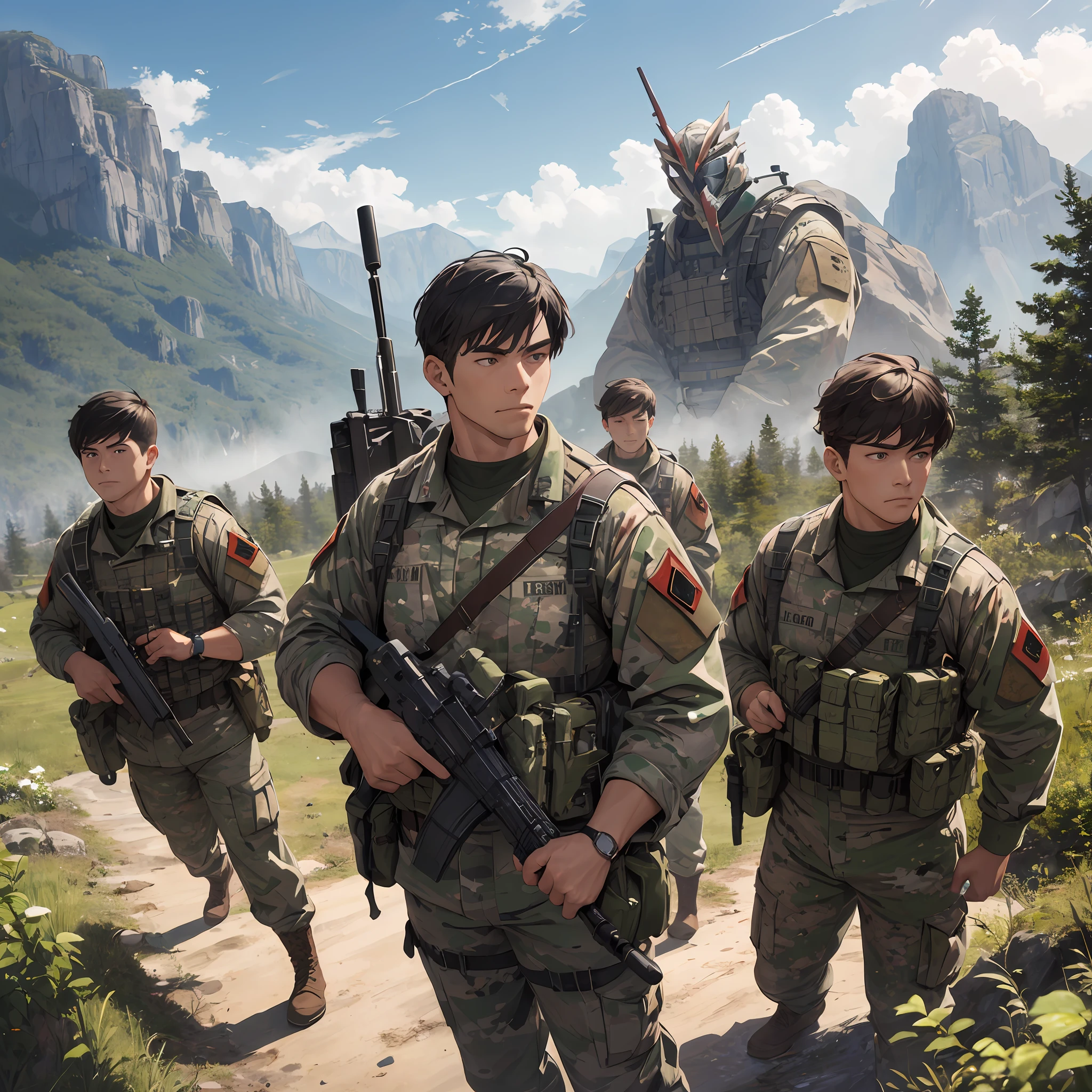 An all-male army, mighty, majestic, imposing, clear facial features, with a wilderness in the background