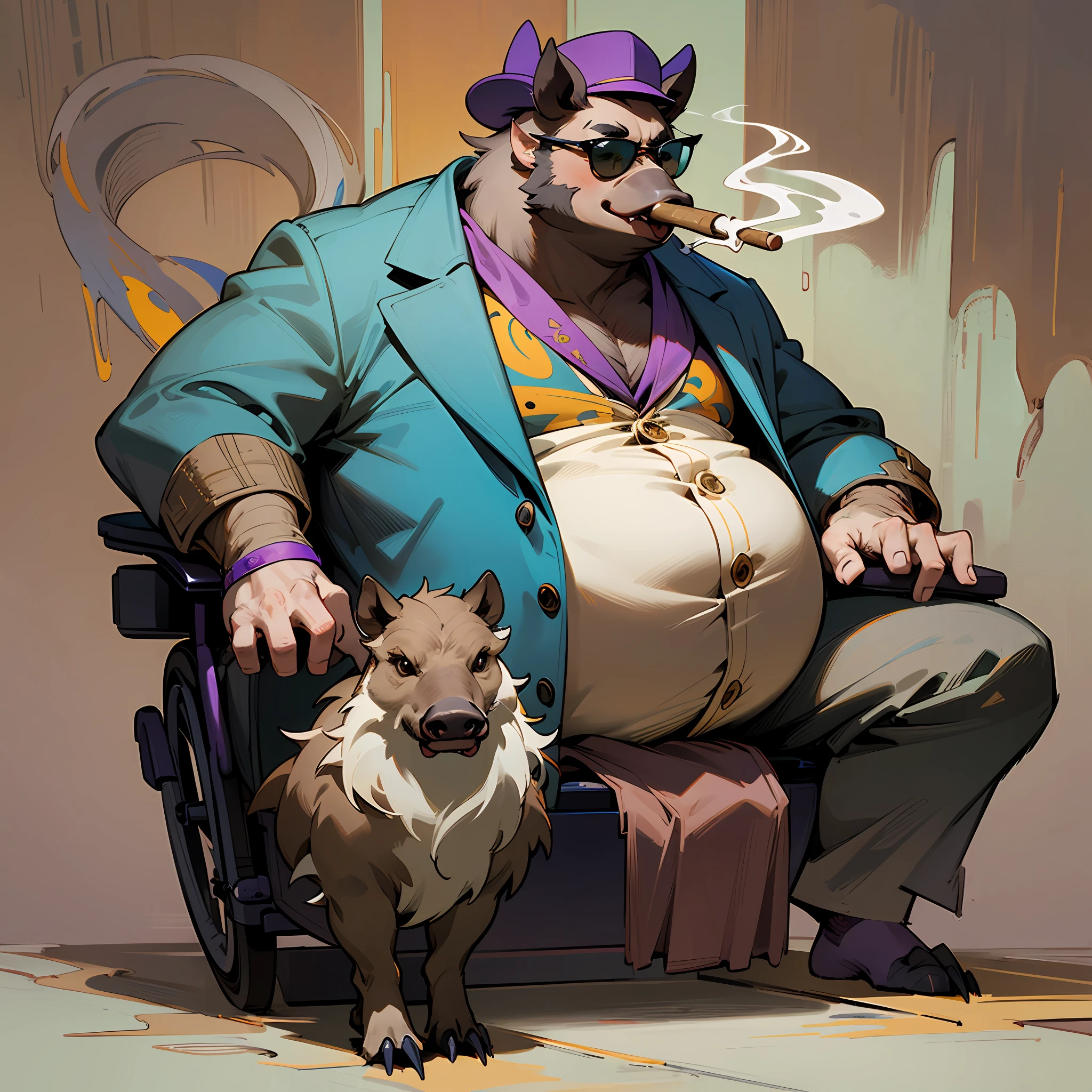 Q version cartoon 2 head body proportions, anthropomorphic wild boar male, animal image design, wild boar image wearing purple suit, huge fangs, wearing a hat, chubby figure smoking cigars, sitting in a shabby wheelchair, wearing sunglasses, Q version cartoon monster standing painting, standing obliquely, side view, standing sideways, full body portrait, cool shape,
