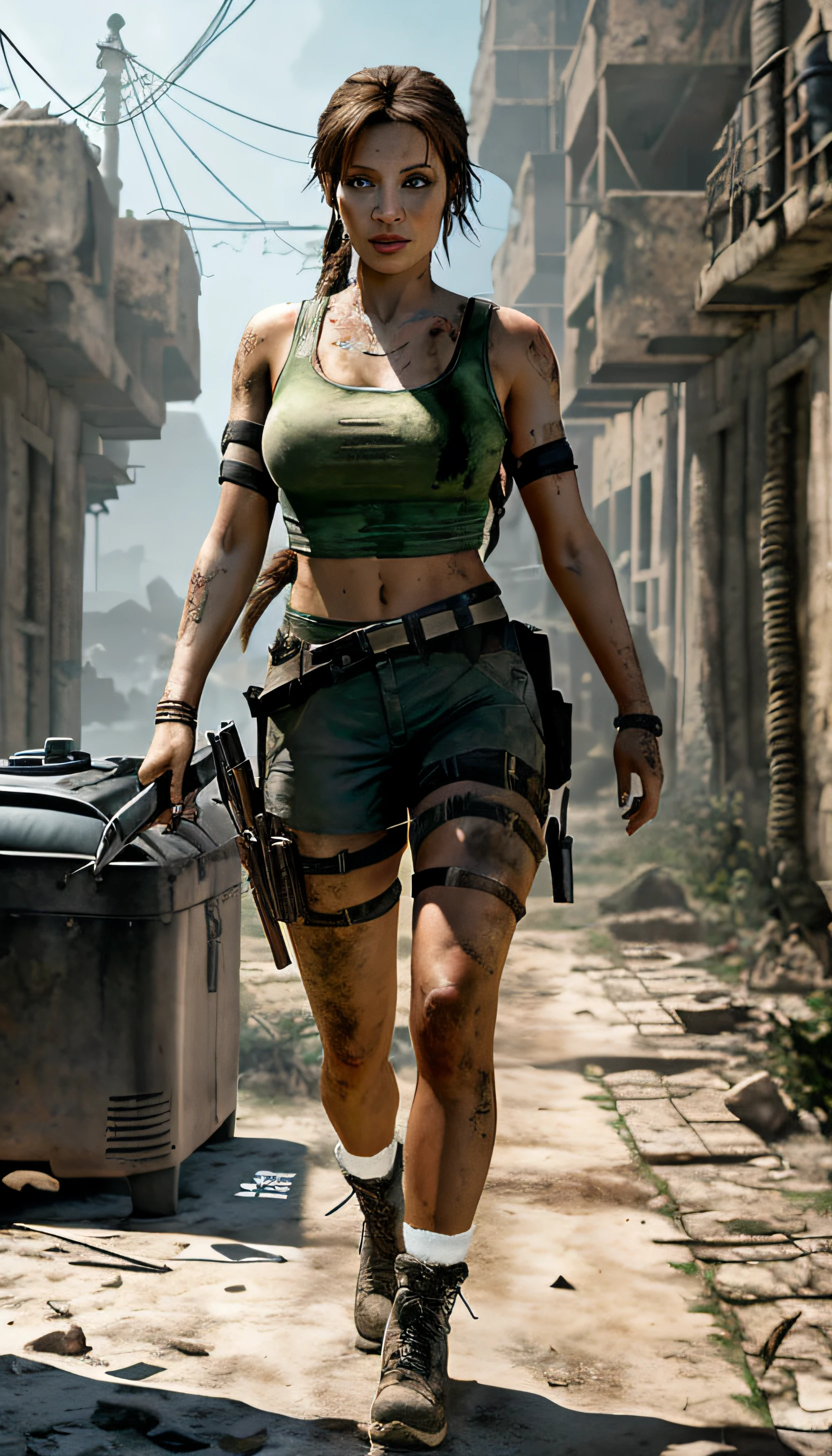 Angelina Jolie: lara croft, in a post-apocalyptic setting, cute tomb raider, muscle sweat lara croft, post-apocalyptic vibes, post-apocalyptic style, post-apocalyptic explorer, in a post-apocalyptic city, portrait of lara croft, post-apocalyptic style, tomb raider setting, white but dirty cotton socks, dark brown boots, (perfect legs),(perfect knees),(perfect calves)