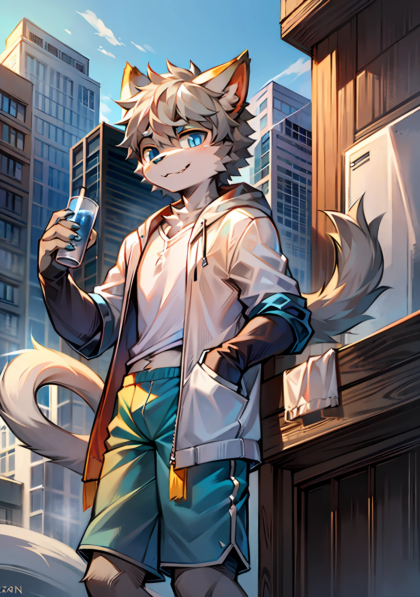 Bright eyes, panorama, character focus solo, furry, furry male cat, male gray fur, blue eyes, gray hair (long), wearing blue shorts and shorts, casual clothing, young style, height one meter seven, handsome, has a tail,
