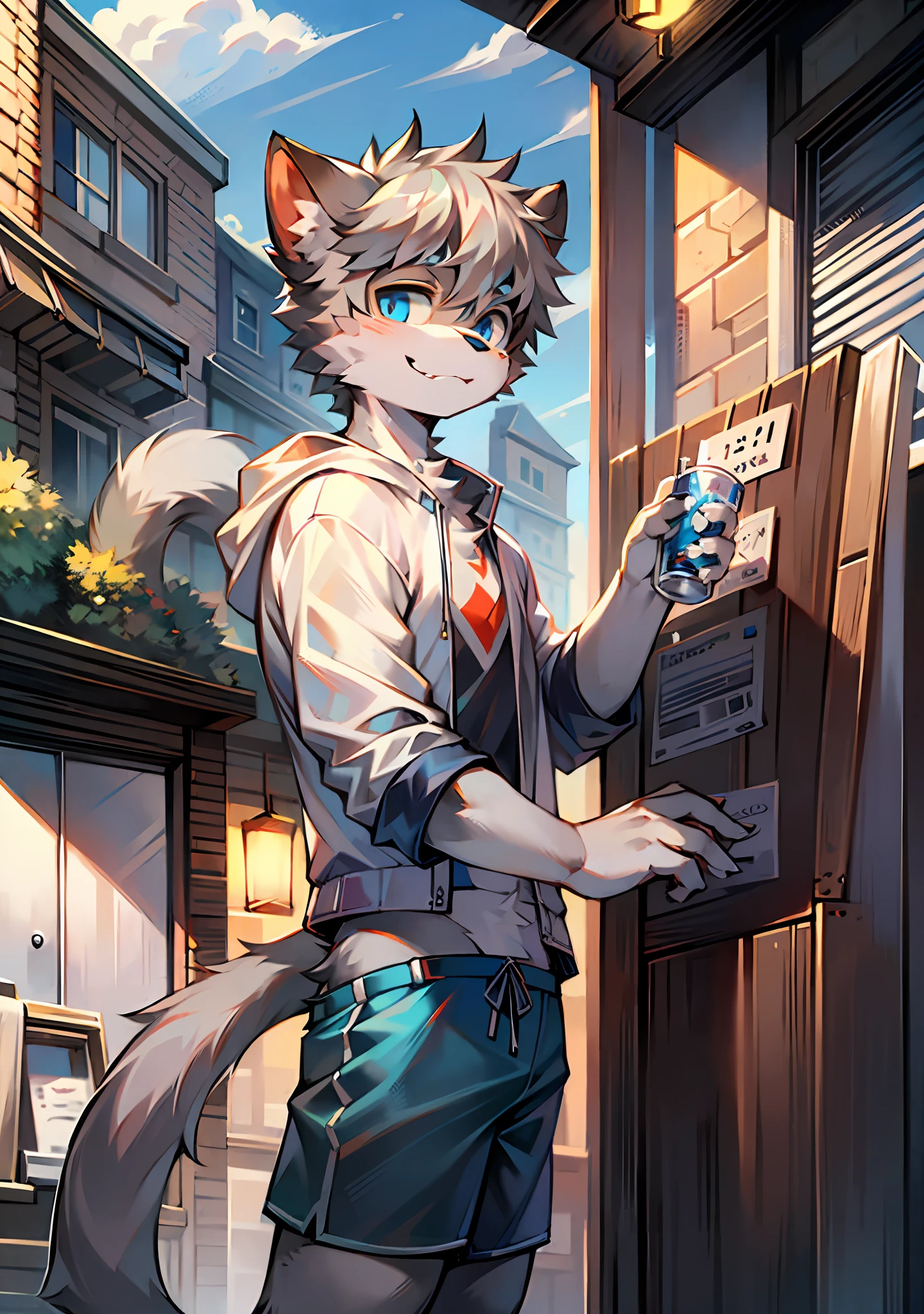 Bright eyes, panorama, character focus solo, furry, furry male cat, male gray fur, blue eyes, gray hair (long), wearing blue shorts and shorts, casual clothing, young style, height one meter seven, handsome, has a tail,