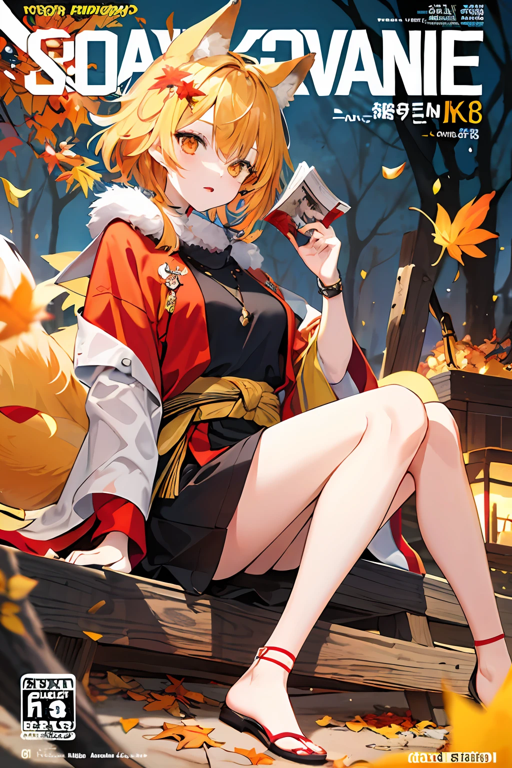 englai Fairyland,Chinese mythology,Colorful auspicious clouds,
autumn, autumn_leaves, falling_leaves, holding_leaf, leaf, leaf_background, leaf_hair_ornament, maple_leaf, aki_shizuha, leaf_print, starfish, anger_vein, ginkgo_leaf, leaf_on_head, spoken_anger_vein, tree, waterfall, sweet_potato, dragonfly, acorn, solo, braid, blurry_foreground, 1girl, day, painting, depth_of_field, blurry, long_hair, branch, hair_ornament, leaves_in_wind, forest, outdoors, nature, campfire, shirt, looking_at_viewer, onsen, koi, sitting, masterpiece, best quality, (best quality), ((masterpiece)), (highres), original, extremely detailed 8K wallpaper, (an extremely delicate and beautiful),((detailed face)),beautiful detail eyes,hair fluttering in the wind,messy hair,lens flare,
1girl,full body,(golden eye),(red eye),(wolf ear),(yellow hair),(wolf tail),(wolf ears),(a cute young girl:1.1),(wolf ear),beautiful detailed eyes,orange hair, very long hair,small breasts,(looking at viewer),
(magazine:1.3), (cover-style:1.3), fashionable, woman, vibrant, outfit, posing, front, colorful, dynamic, background, elements, confident, expression, holding, statement, accessory, majestic, coiled, around, touch, scene, text, cover, bold, attention-grabbing, title, stylish, font, catchy, headline, larger, striking, modern, trendy, focus, fashion,