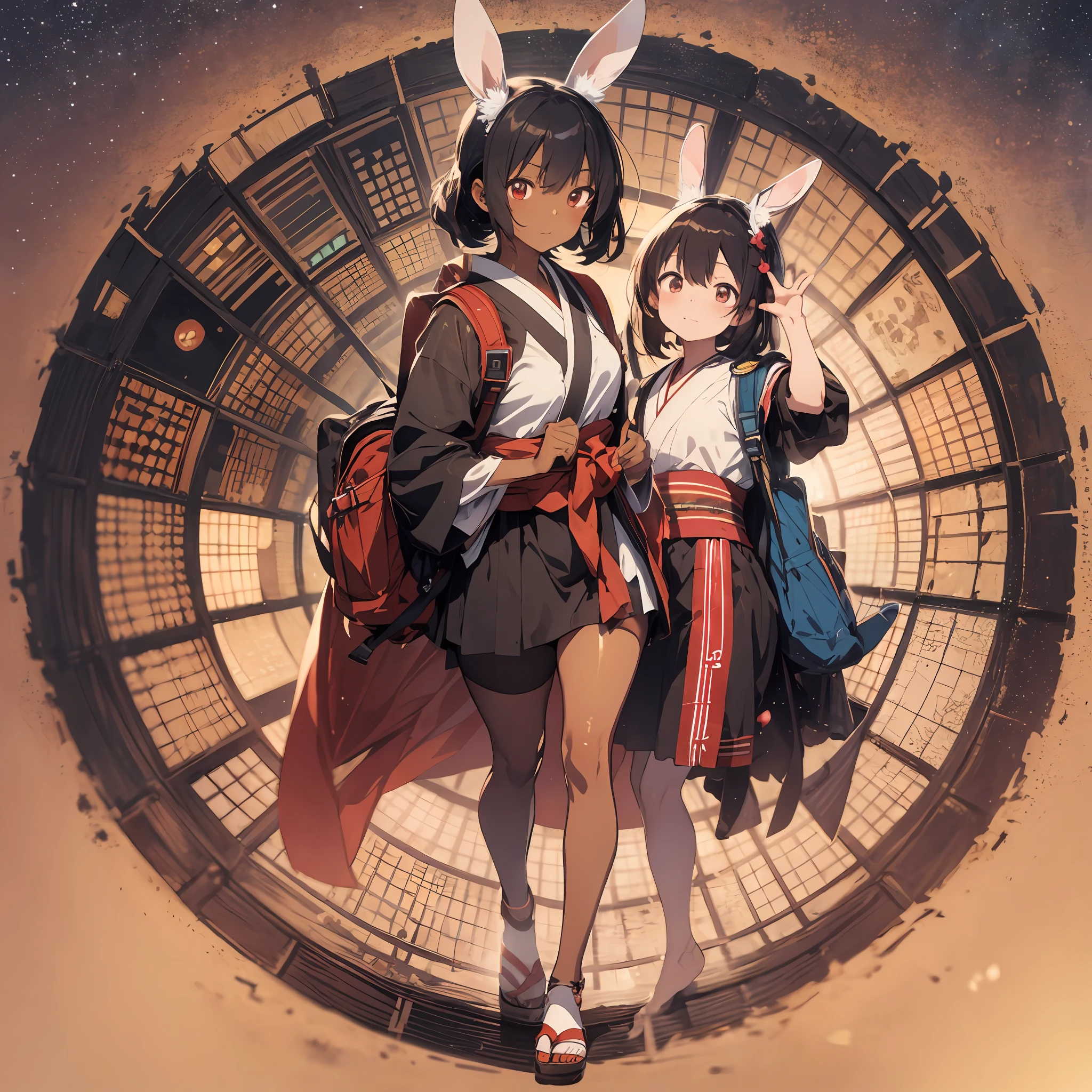 Red kimono, Sengoku period, natural luminescence, thick eyebrows, (huge backpack: 1.5), (dark skin: 1.3), brown skin, movie lighting, small, rabbit ears, (master master masterpiece), ((highest quality)), (super detailed), shiny skin, full body anime girl, clean and detailed anime face, high resolution anime eyes, five fingers, textile shading, Perfect human structure, perfect ???????,