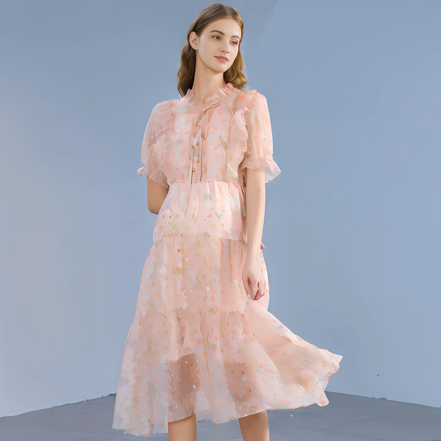 Rococo ruffled dress, chiffon, ladies with glowing floral dress, floral art new dress, floral dream, translucent dress, romantic dress, rococo dress, dream style, gorgeous dress, dress long flower, floral dress, dress flower, dress flower, floaty dress, full length view The background of the meadow forest is exquisite