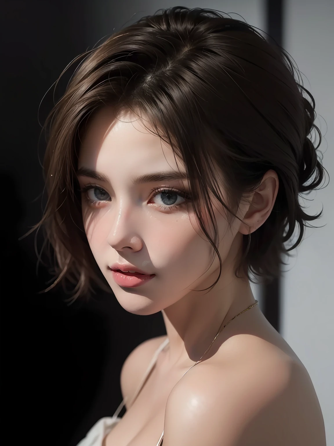 Best quality, masterpiece, ultra high res, (photorealistic:1.5), raw photo, 1girl, offshoulder, in the dark, deep shadow, low key, cold light, sexy look, short hair