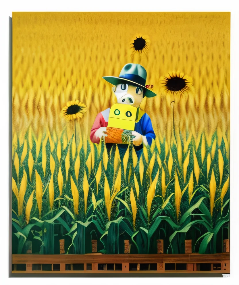 a close up of a painting of a person in a corn field, by Leiko Ikemura, by Watanabe Kazan, by Kagaku Murakami, by Kaii Higashiyama, the scarecrow, by Hiroyuki Tajima, by Maeda Masao, by Kanō Tan'yū, by Chizuko Yoshida