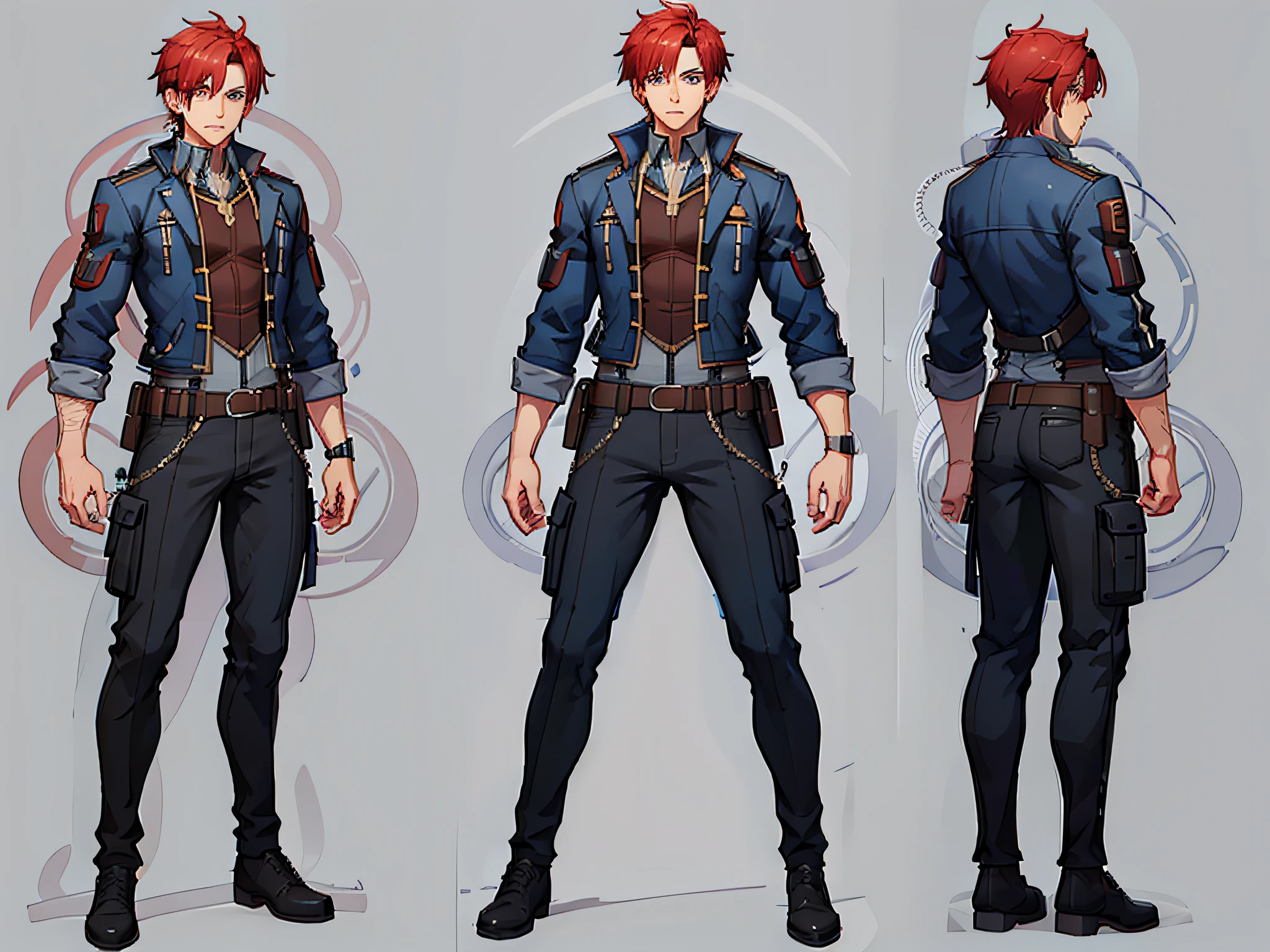1male, [blue eyes], [red hair, tied], [bulky jacket, grey color, white shirt inside], [Black pants, bulky pants], Red Boots, character sheet, concept art, plain background,