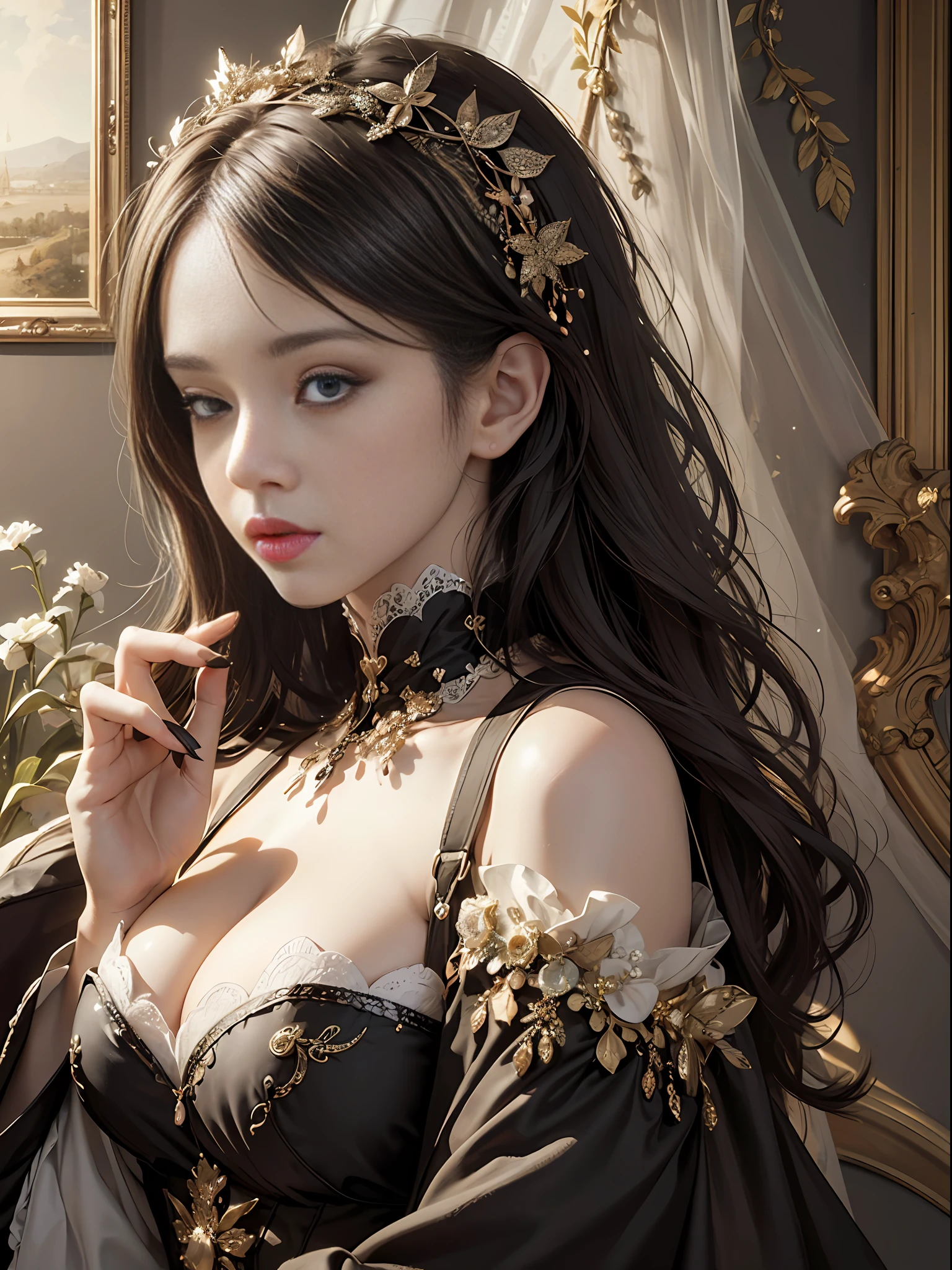 (Pure Color: 0.9), (Color: 1.1), (Masterpiece: 1,2), Top Quality, Masterpiece, High Resolution, Original, Highly Detailed Wallpaper, Beauty, Victorian, Dress, Melancholy, Big Breasts, Sepia Color, 40 years old --auto --s2