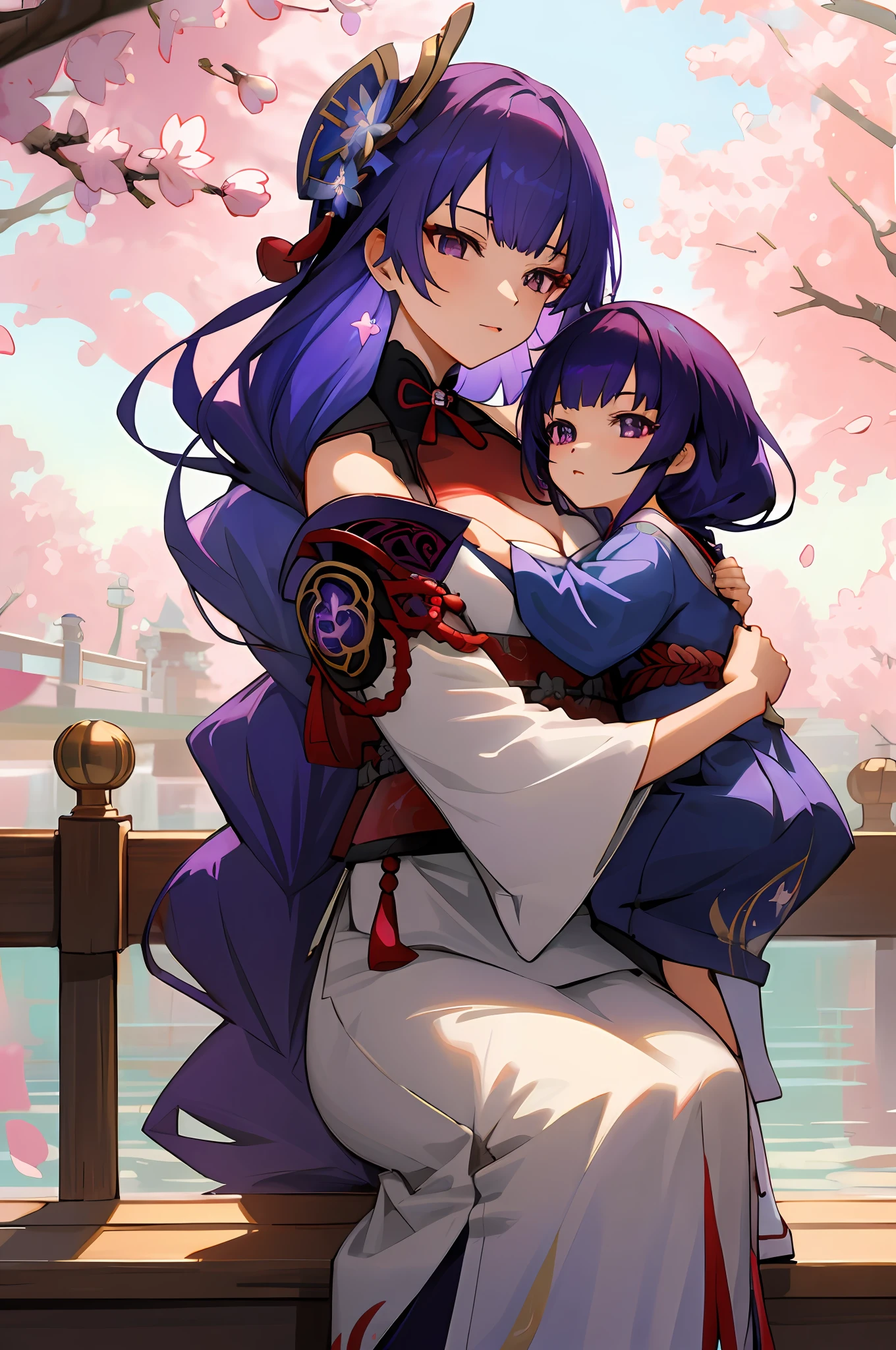anime image of two women dressed in traditional japanese clothing in Cherry blossoms, palace a girl in hanfu, wlop and sakimichan, long hair, purple haired deity, characters from azur lane, anime fantasy illustration, from the azur lane videogame, genshin, artwork in the style of guweiz, onmyoji detailed art, two beautiful anime girls, mother and child, symbol of maternal love, mother and child, such as photos of mother and child