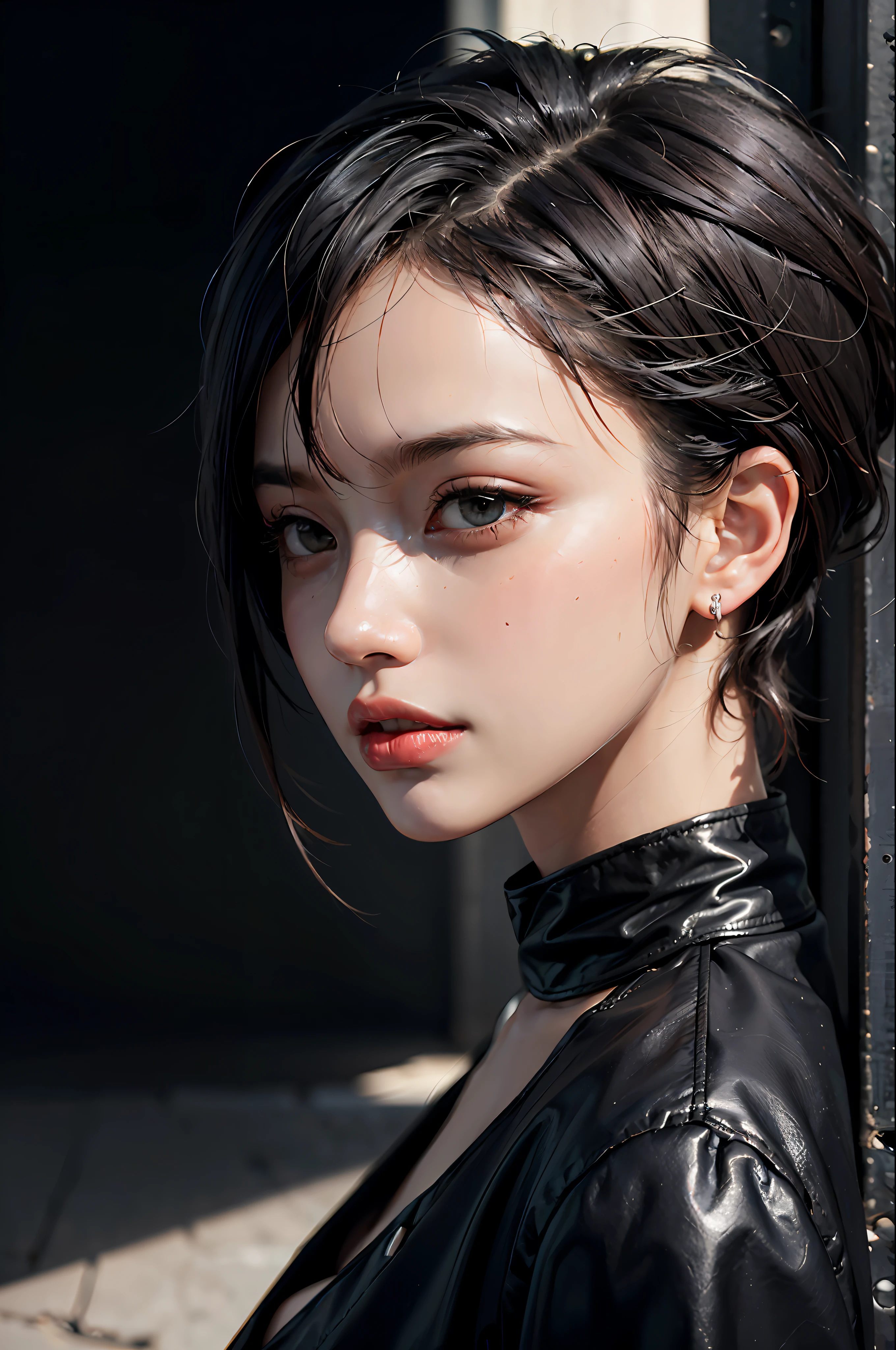 a 30 yo woman,(hi-top fade:1.3),long hair,dark theme, soothing tones, muted colors, high contrast, (natural skin texture, hyperrealism, soft light, sharp),