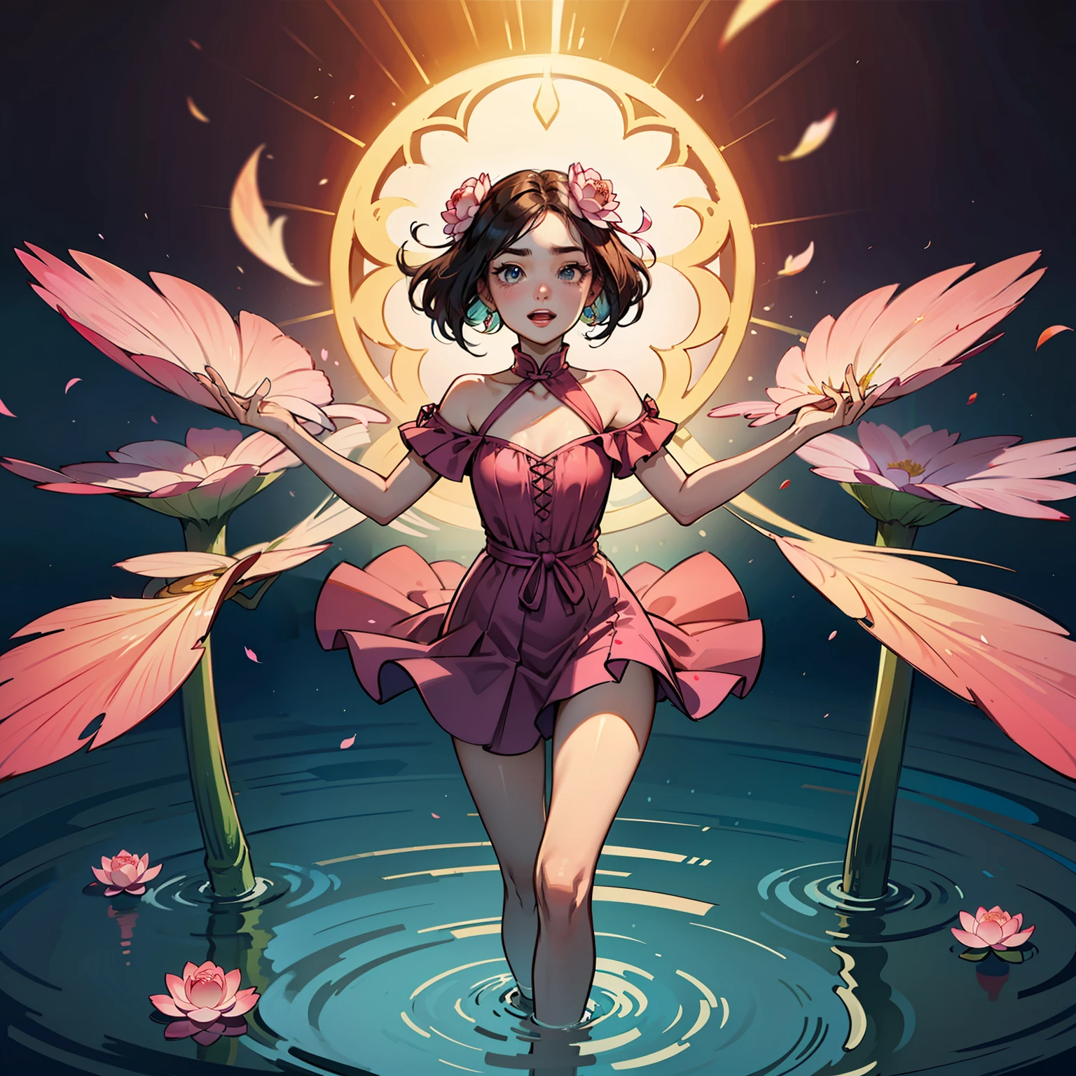 7 Dressed in a pink dress, willow eyebrows and beautiful eyes, the bridge of the nose is quite upturned, the small mouth is rosy like a cherry, full of joy, her crisp chest is high and upturned, the willow waist is not enough to grasp, the upturned Xiaotun first saw the scale, slender legs set off the infinite grace of the body, like a newly bloomed lotus flower, floating in the center of clear water --auto