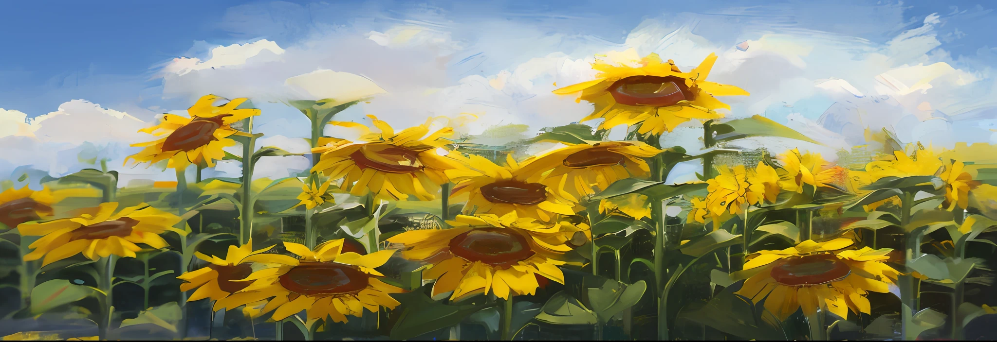 painting of sunflowers in a field with a blue sky in the background, sunflowers, field of sunflowers, crystallic sunflowers, sunflower field, on a sunny day, in a sunny day, sunflowers in the background, scene: sunflower field, scene : sunflower field, sunny summer day, sunny day, sunny day time, sun-hyuk kim, sunny afternoon, beautiful sunny day