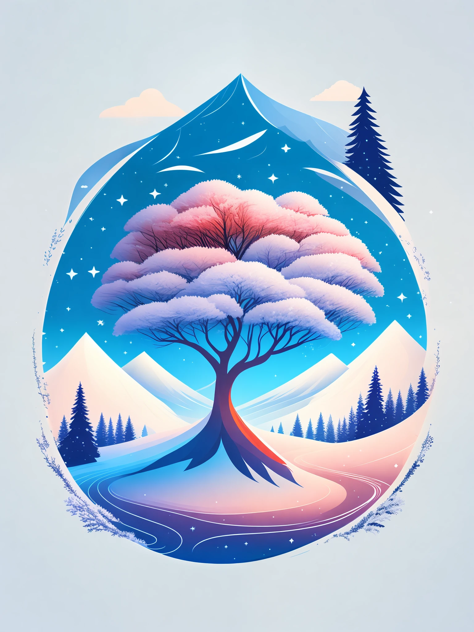 a spruice tree in a winter landscape, tshirt design, rzminjourney, vector-art