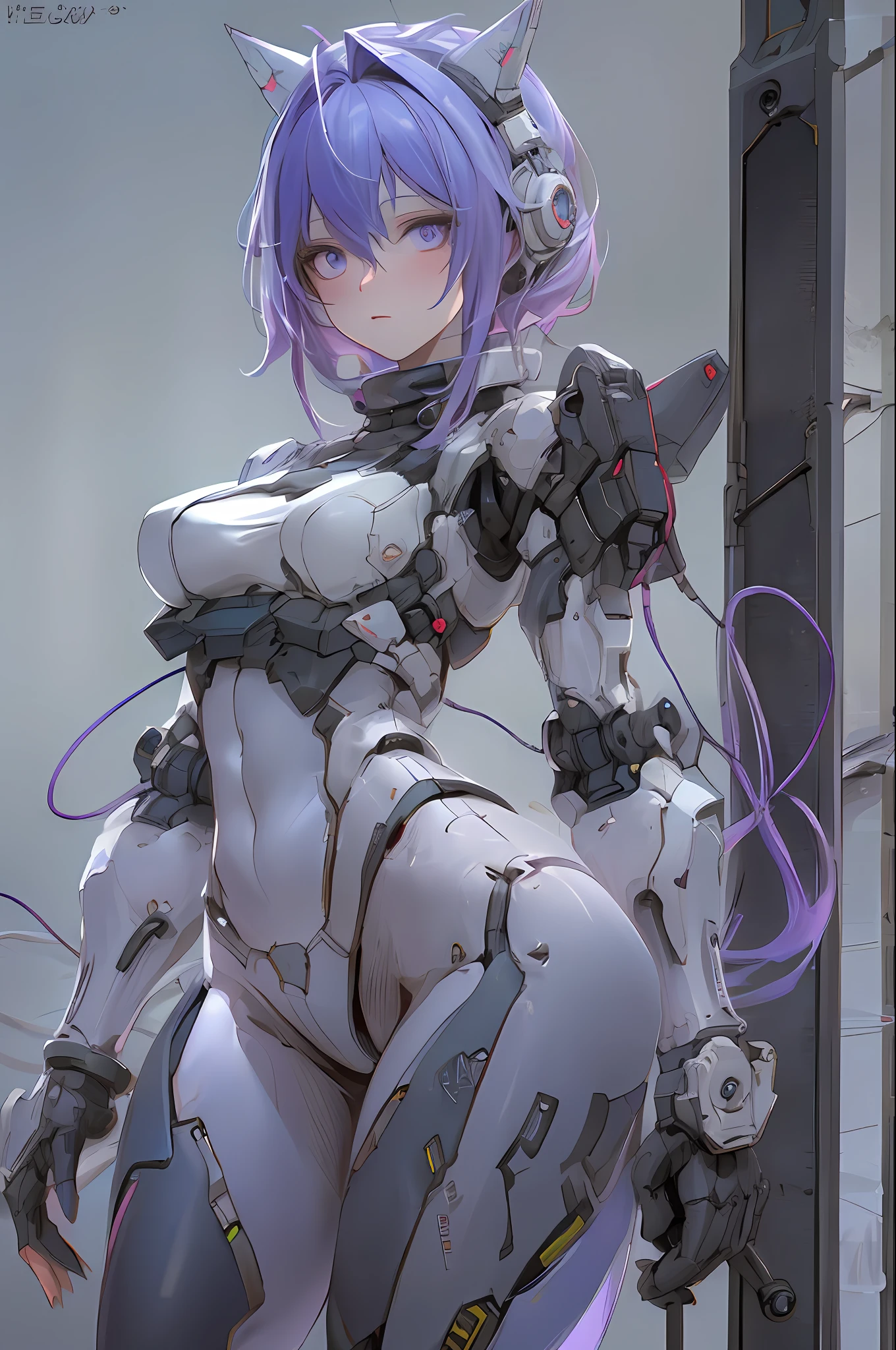 Top Quality, Masterpiece, Ultra High Resolution, (Photorealistic: 1.4), Raw Photo, 1 Girl, Black Hair, Glossy Skin, 1 Mechanical Girl, (Ultra Realistic Detail)), Portrait, Global Illumination, Shadows, Octane Rendering, 8K, Ultra Sharp, Big, Cleavage Exposed Raw Skin, Metal, Intricate Ornament Details, Japan Details, Very intricate details, realistic light, CGSoation trend, purple eyes, glowing eyes, facing the camera, neon details, mechanical limbs, mechanical, standing, wires and cables connecting to the head, gundam, small LED lamps, neon light, 1 Mecha, sharp eyes, human mouth, mecha body, mechanical body, gundam suit, cute purple hair, Extremely cute human eighteen old man face, human torso, human abs, human abdomen, human hips, robotic arms, mechanical legs, arms and legs with hard white shiny shell and black joints, very beautiful and male, short, petite, small, small, medium bust, cleavage display, flat belly display, partial helmet with antenna on the ear, black robot joints, very stylish, award-winning product design, black rubber tights, Shiny white metal cuirass opens at cleavage and belly, white metal rump with folds, armor with stylish, glowing trim, mecha fox tail
