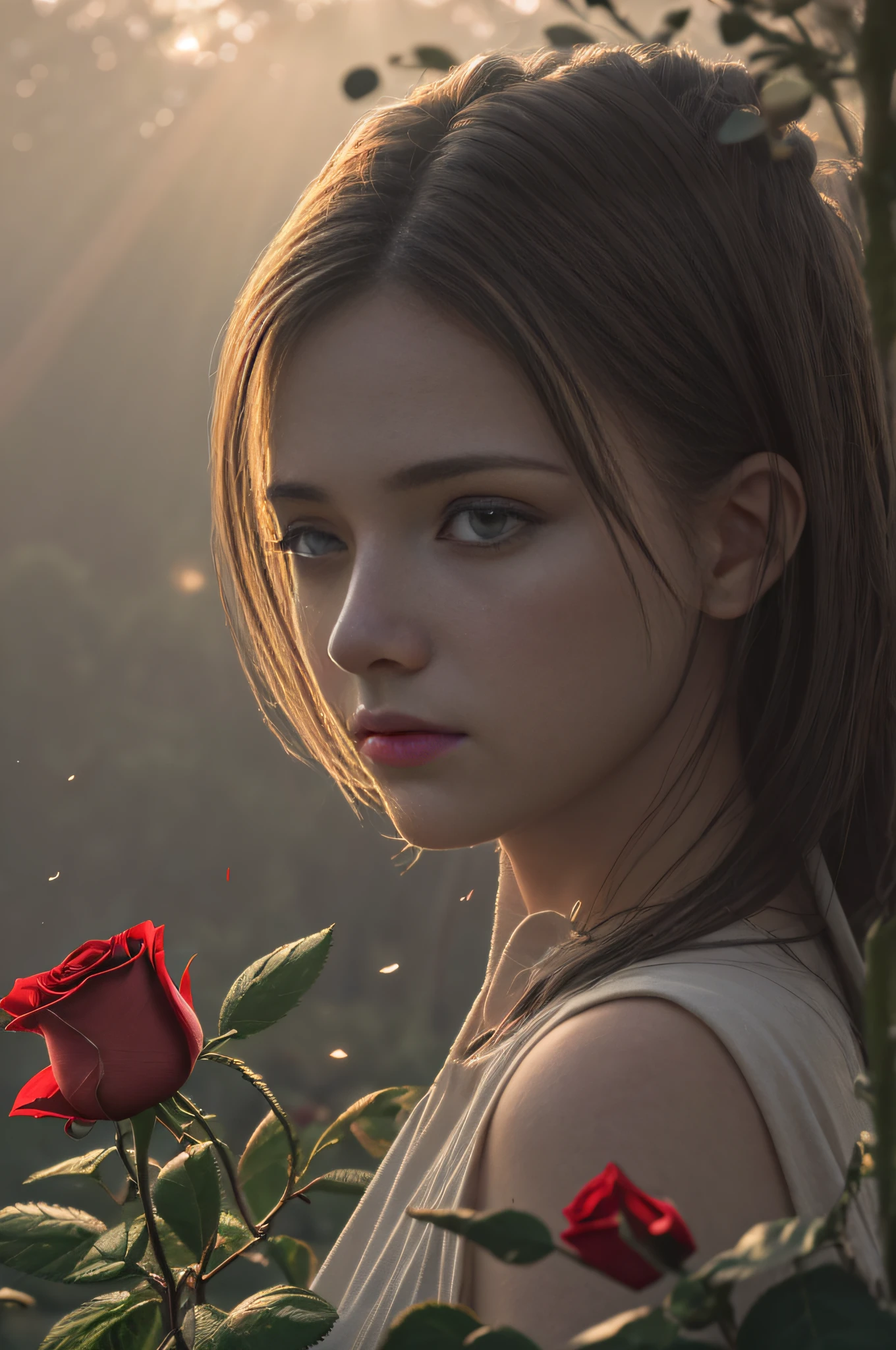 landscape, dust, sunrays, fireflies, hazy, dreamy, bathing in light, backlighting, romantic mood, dusty highway, flowers in wind, fog, haze, humid, rose petals, covered in flowers and petals, godrays, cozy, morning dew, backlighting, hazy, golden hour, morning light, countryside, shy, masterpiece, best quality, ultra-detailed, solo, smoke, shadows, contrast, close-up, cinematic light, side lighting, ultra high resolution, best shadow, RAW, 4k