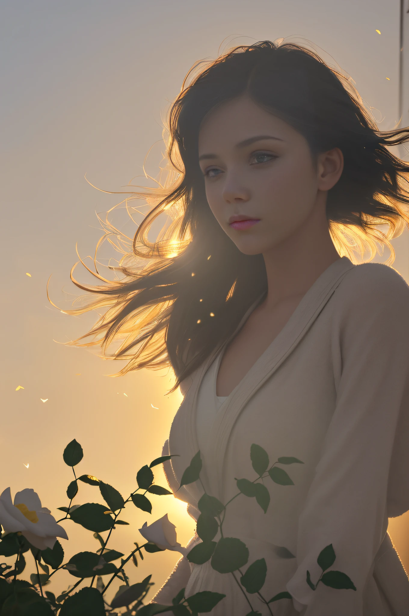 landscape, dust, sunrays, fireflies, hazy, dreamy, bathing in light, backlighting, romantic mood, dusty highway, flowers in wind, fog, haze, humid, rose petals, covered in flowers and petals, godrays, cozy, morning dew, backlighting, hazy, golden hour, morning light, countryside, shy, masterpiece, best quality, ultra-detailed, solo, smoke, shadows, contrast, close-up, cinematic light, side lighting, ultra high resolution, best shadow, RAW, 4k