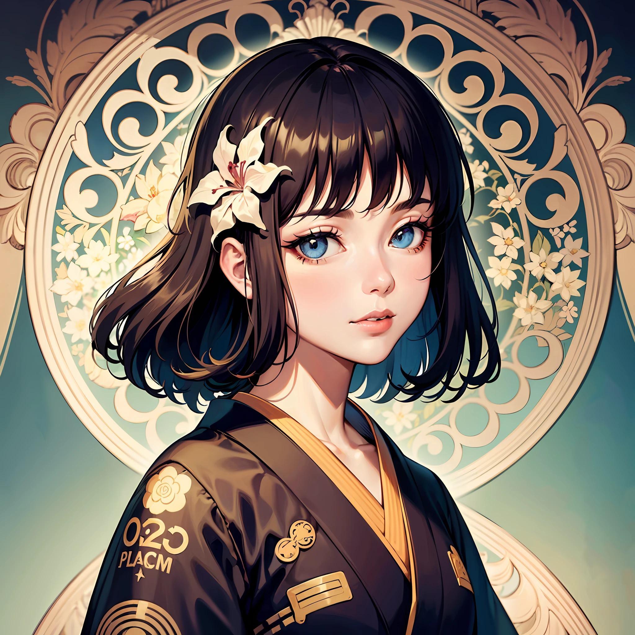 Face portrait of Japan woman in kimono, black hair, flower frame, decorative panel, abstract art, by Alphonse Mucha (masterpiece, highest quality, high resolution: 1.4), detail, intricate details, 4K, color splash, line art, Fibonacci, --auto