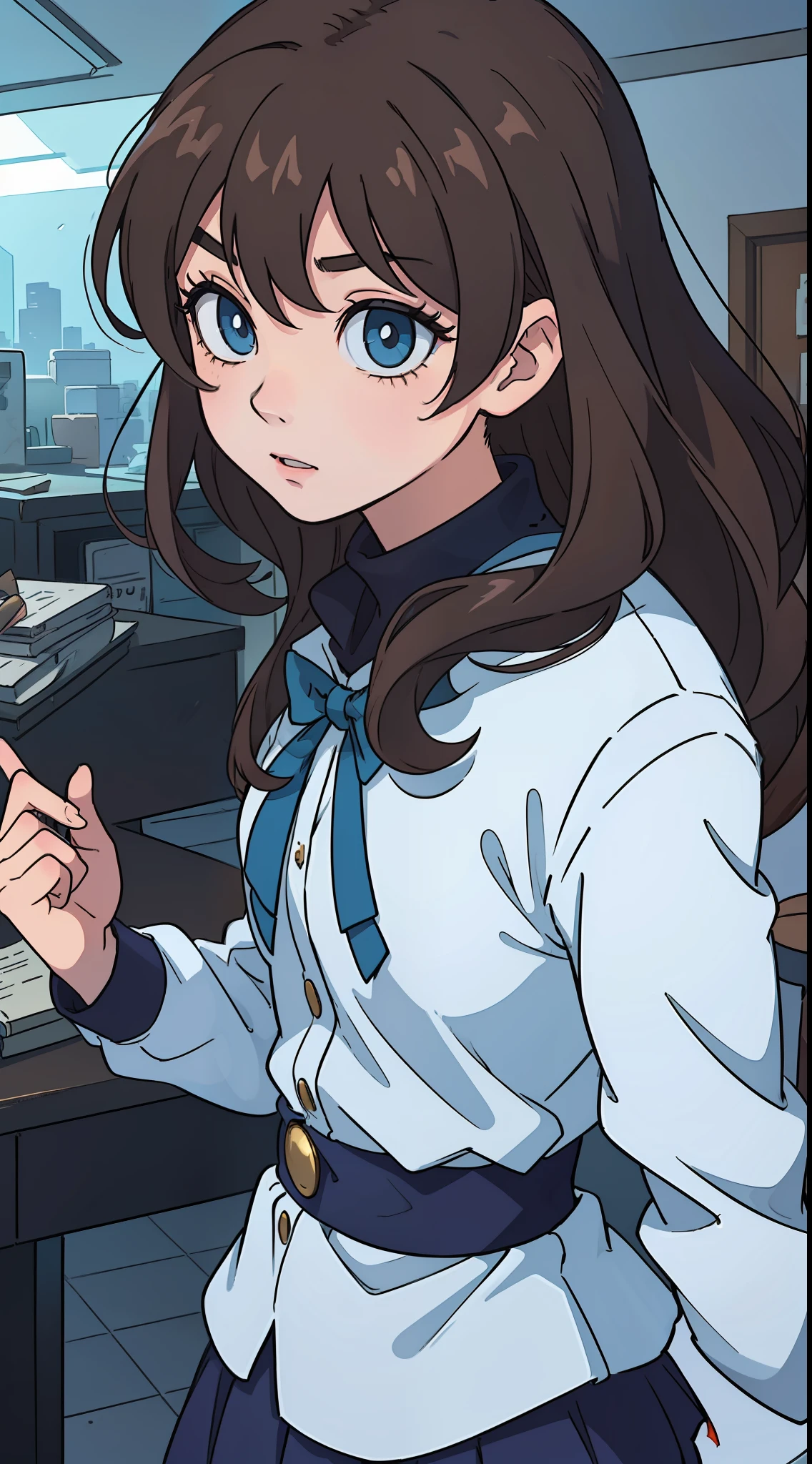 Two-dimensional, a girl, high school student, ((brown hair)), brown silky curly long hair, blue godly eyes, normal expression, brow stretched, JK uniform, like Detective Conan character, best shadow, best picture quality, best light, high resolution, movie lighting, masterpiece, atmosphere, beautiful graphics, beautiful eyes