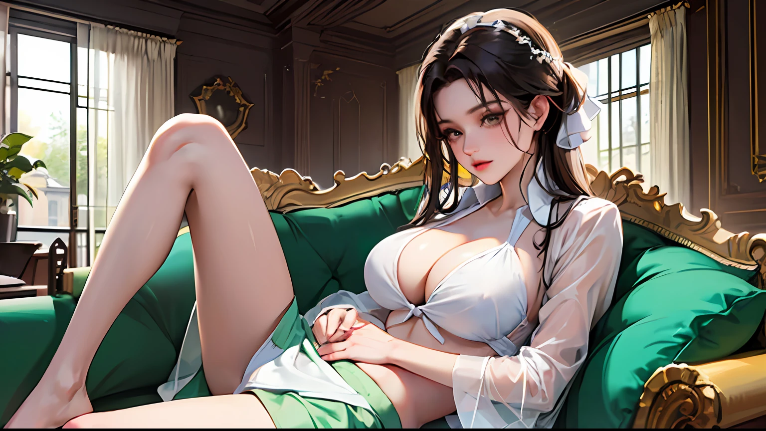 A woman in a white shirt and a green skirt sitting on a sofa, (((a boy lying on the couch with his head on the woman's lap))), bikini,, woman in a transparent swimsuit, cleavage, big breasts, sitting on the sofa, boy's head lying on the woman's lap