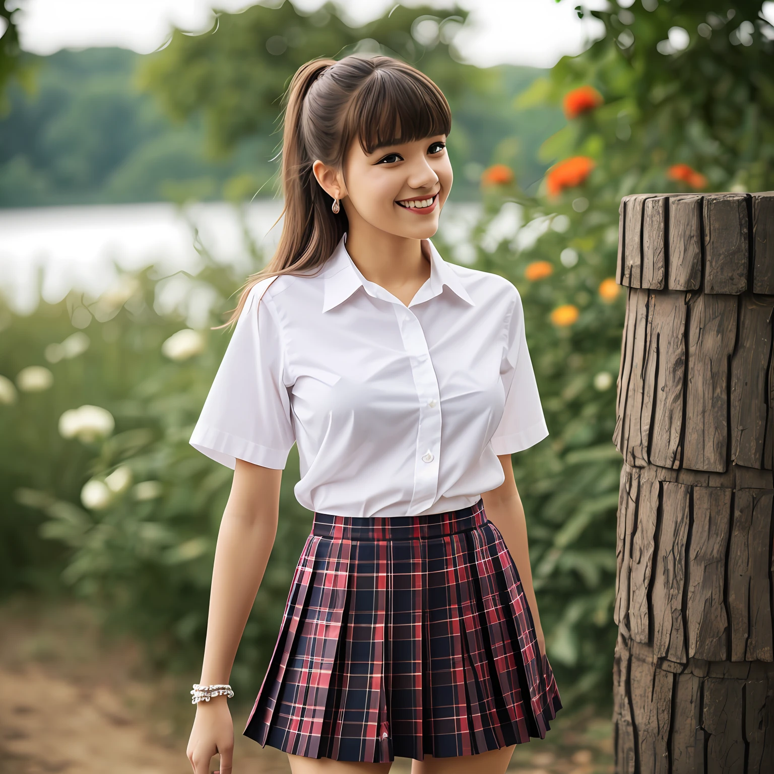 nsfw, 8K raw photo, best quality, masterpiece, super high resolution, film grain, film, 1girl, looking at the audience, natural skin texture, realistic eye and face details, full lips, lipstick, (makeup), red eye shadow, short fluffy hair, messy hair, smile, shut up, beautiful legs, tall woman, thin, slim_legs, solo, miniskirt, ass, shirt, beautiful natural location, position of flowers around, (detailed background), plaid skirt, white shirt, Huge breasts, show a little through shirt, loafers, blurred background, blur, hold, plaid , short sleeves, jk ribbon at neck, jk ribbon, brown hair, bracelet, water, bangs, school uniform, jewelry, parted lips, lips, from side, pleated skirt, depth of field, --auto
