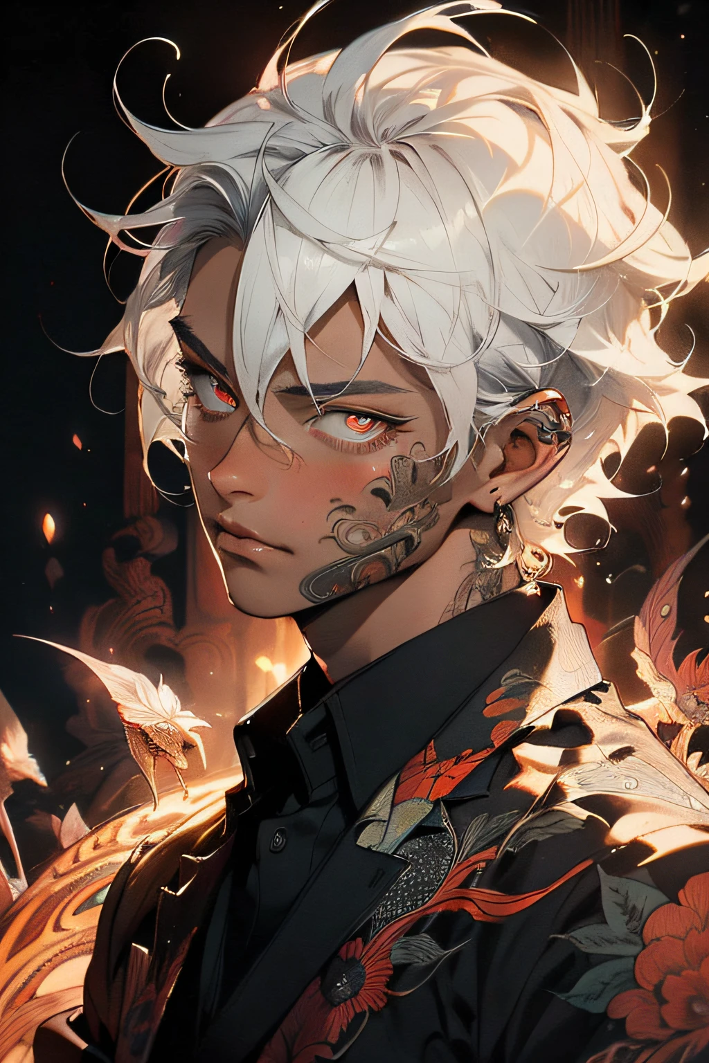 Realism, masterpiece, best quality, beauty and aesthetics, very detailed, fractal art, colorful, most detailed, zentangle, abstract background: 1.5, 1 boy: 1.3, god, white hair, short hair, glowing red eyes, mysterious, magical, ice, handsome man, asian style