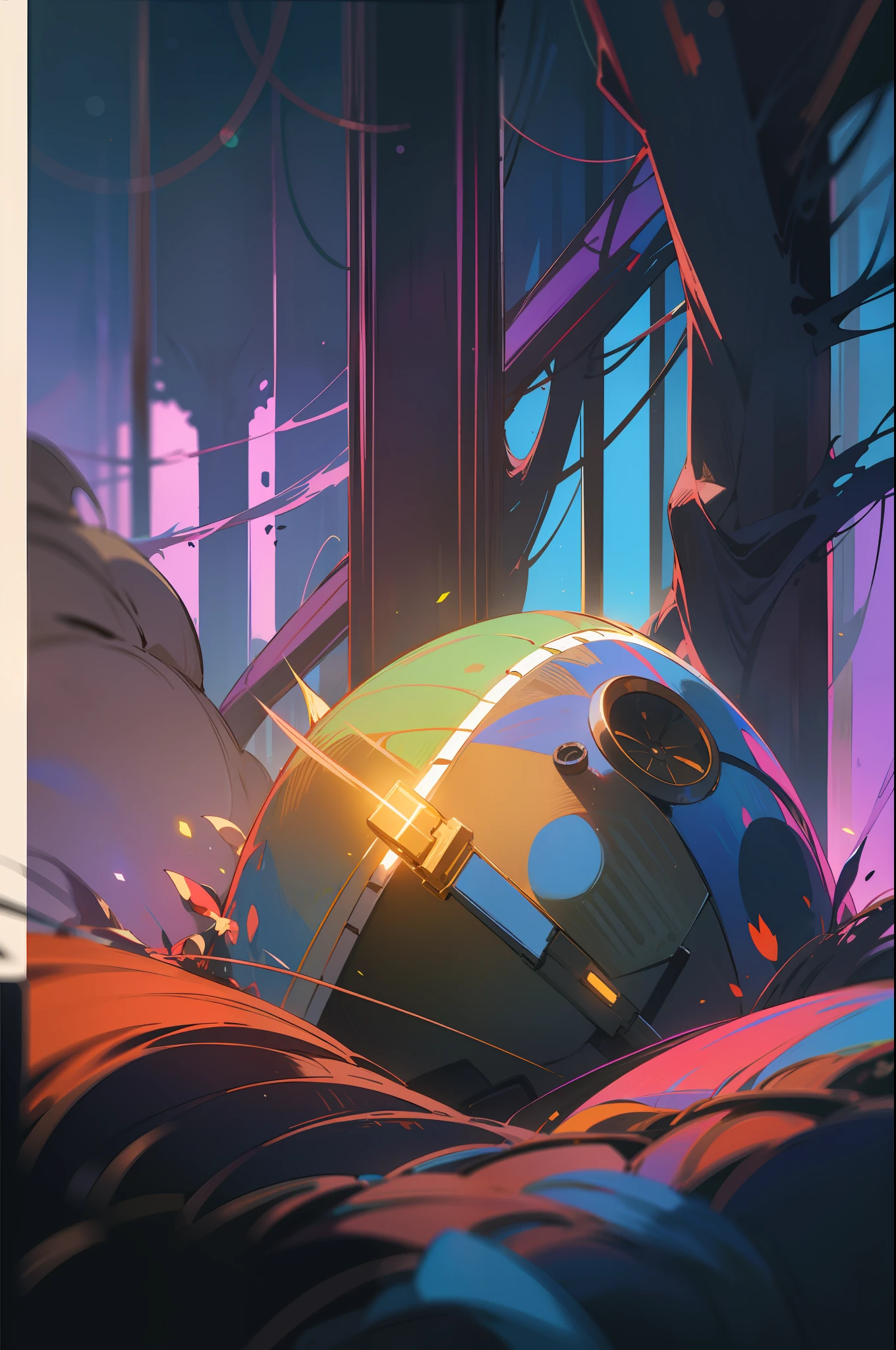 Masterpeace, BestQuality, machine, in the woods, auto, auto, Bright colors, volume lighting, best shadows, Shallow Depth of Field, (Top quality, amazing details: 1,25), Brilliant Colorful Paintings, fancy, magic, flicker, Glare, neon garland, 8k