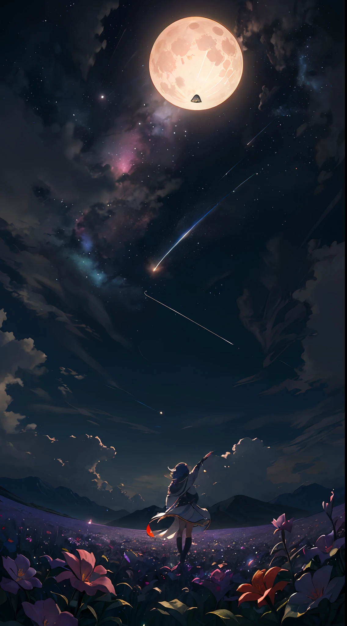 A wide landscape photo, (viewed from below, the sky is above, and the open field is below), a girl standing on a flower field looking up, (full moon: 1.2), (meteor: 0.9), (nebula: 1.3), distant mountains , Trees BREAK Crafting Art, (Warm Light: 1.2), (Firefly: 1.2), Lights, Lots of Purple and Orange, Intricate Details, Volumetric Lighting BREAK (Masterpiece: 1.2), (Best Quality), 4k, Ultra Detailed, (Dynamic Composition: 1.4), Rich in Detail and Color, (Rainbow Color: 1.2), (Glow, Atmospheric Lighting), Dreamy, Magical, (Solo: 1.2)