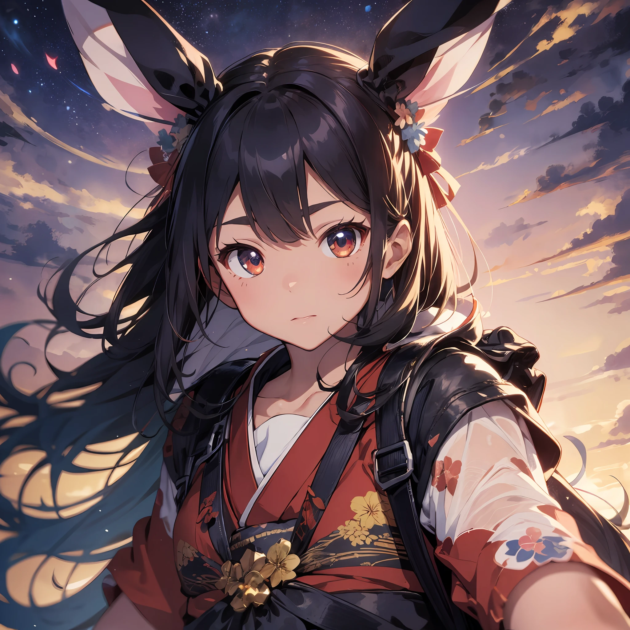 Red kimono, red clothes, Sengoku period, natural luminescence, thick eyebrows, (huge backpack: 1.5), (dark skin: 1.3), brown skin, movie lighting, small, rabbit ears, (master master masterpiece), ((highest quality)), (super detailed), shiny skin, full body anime girl, clean and detailed anime face, high resolution anime eyes, five fingers, textile shading, Perfect human structure, perfect anatomy,