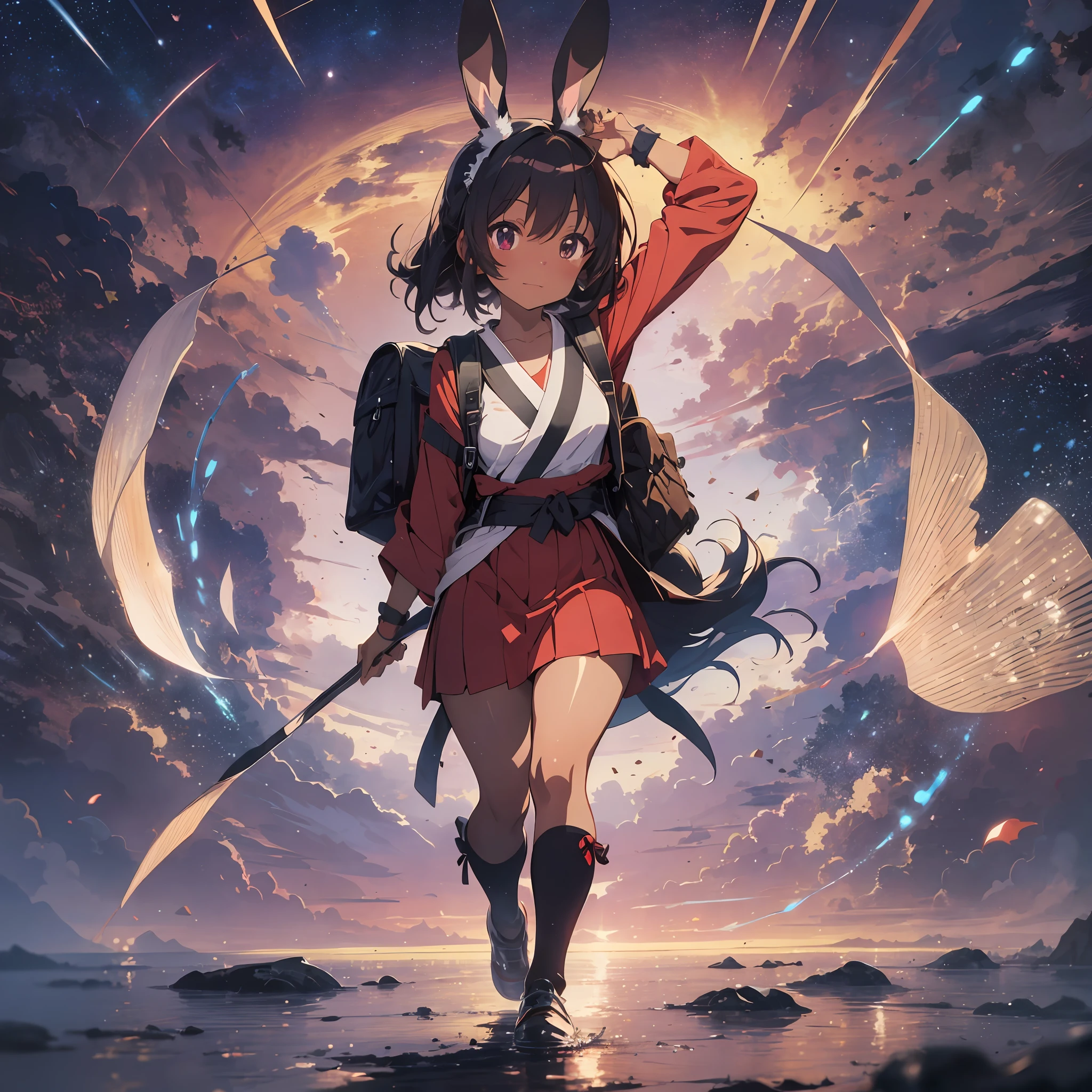 Red kimono, red clothes, Sengoku period, natural luminescence, thick eyebrows, (huge backpack: 1.5), (dark skin: 1.3), brown skin, movie lighting, small, rabbit ears, (master master masterpiece), ((highest quality)), (super detailed), shiny skin, full body anime girl, clean and detailed anime face, high resolution anime eyes, five fingers, textile shading, Perfect human structure, perfect anatomy,