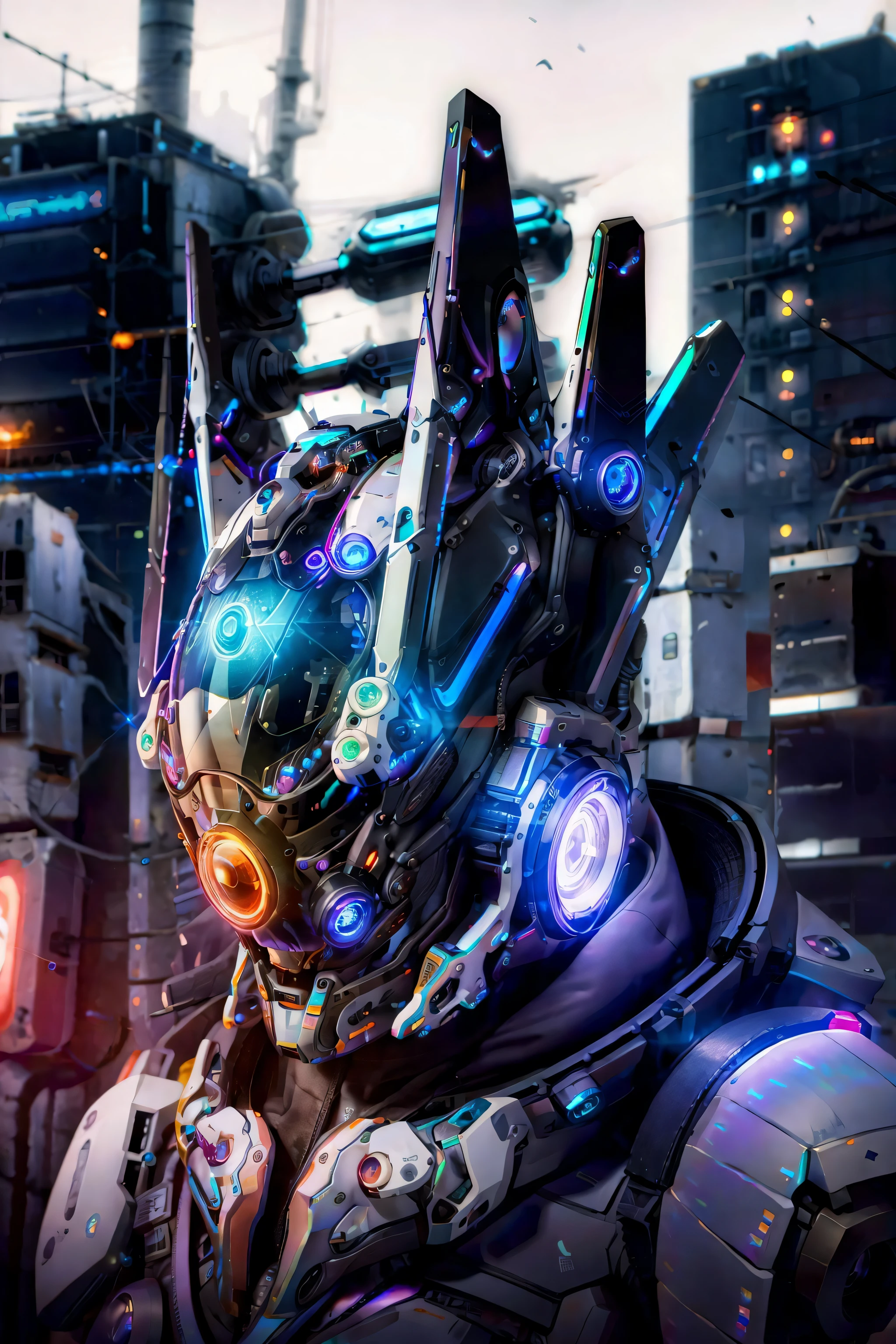 absurdres, highres, reflection, refraction:1.4, ultra detailed:1.4, (photorealistic:1.4, ultra high res, RAW photo), [[bokeh, blurry background]] BREAK (Cyberpunk:1.4), ((a cyborg in a cyberhelmet head girl)), solo, full body:1.2, (iridescent white body:1.6), ((machanical limbs)), character focus:1.2 BREAK science fiction, cinematic light, In the dark decaying ruins, ((super wide angle:1.2)), dutch angle, shot from below:1.6 BREAK, [neon lighting, vibrant glow, dynamic colors, striking contrast, futuristic vibe, electric energy, reflective surfaces]