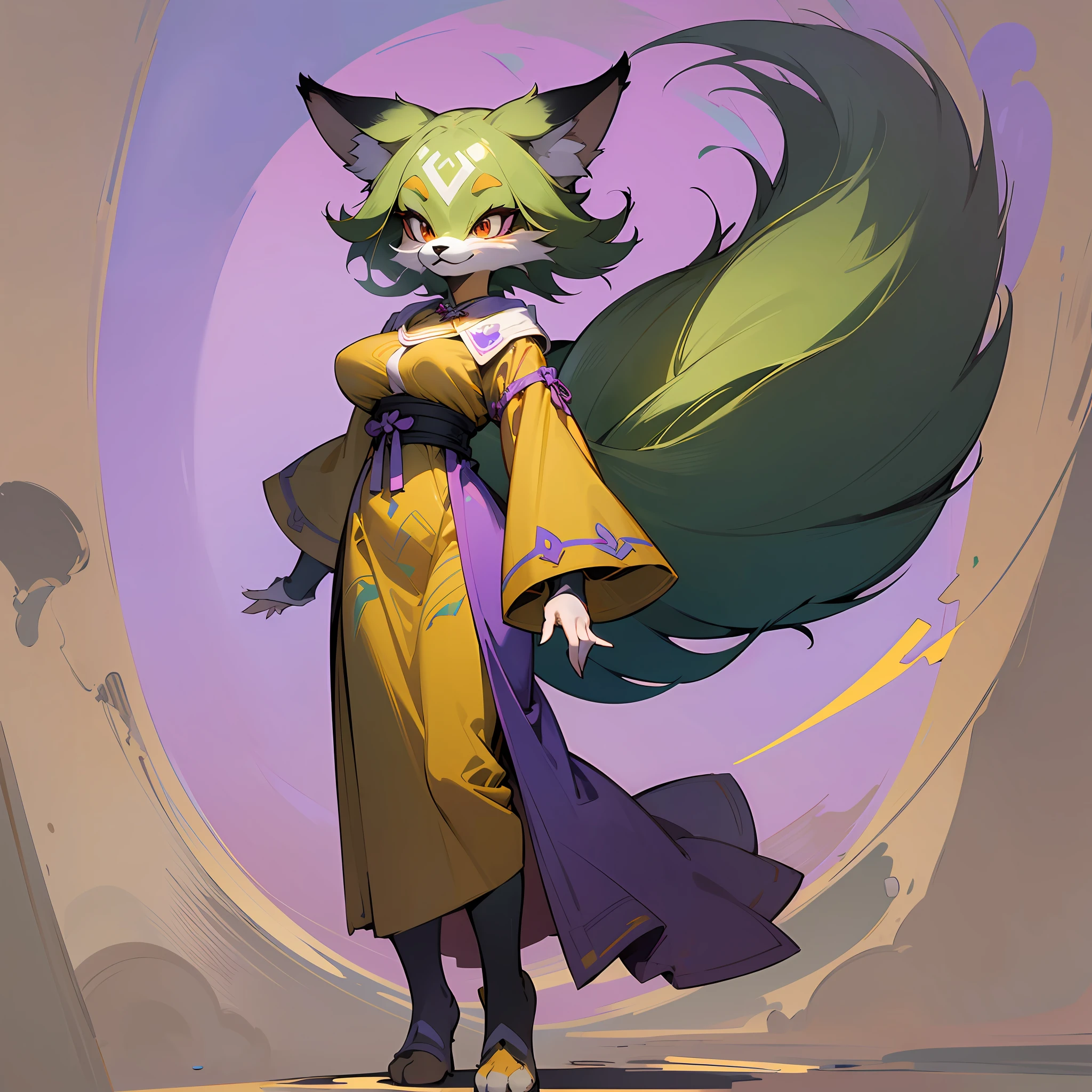 Q version cartoon 2 head to body ratio, anthropomorphic fox female, animal image design, fox image wearing purple ancient long dress, charming, very beautiful, charming, Q version cartoon monster standing painting, oblique standing, side view, sideways standing, full body portrait, cool shape,