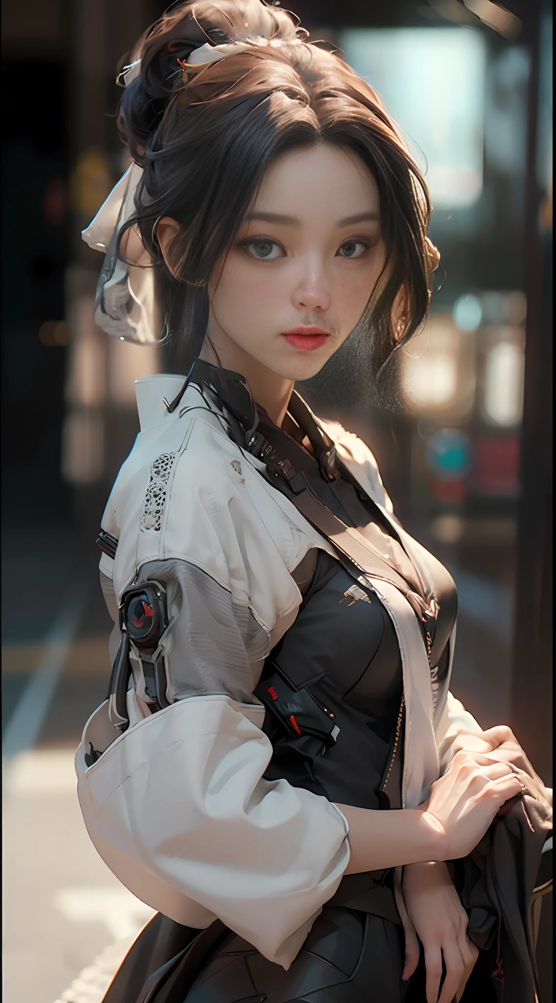 ((Best quality)), ((masterpiece)), (detailed:1.4), 3D, an image of a beautiful cyberpunk female,HDR (High Dynamic Range),Ray Tracing,NVIDIA RTX,Super-Resolution,Unreal 5,Subsurface scattering,PBR Texturing,Post-processing,Anisotropic Filtering,Depth-of-field,Maximum clarity and sharpness,Multi-layered textures,Albedo and Specular maps,Surface shading,Accurate simulation of light-material interaction,Perfect proportions,Octane Render,Two-tone lighting,Wide aperture,Low ISO,White balance,Rule of thirds,8K RAW,