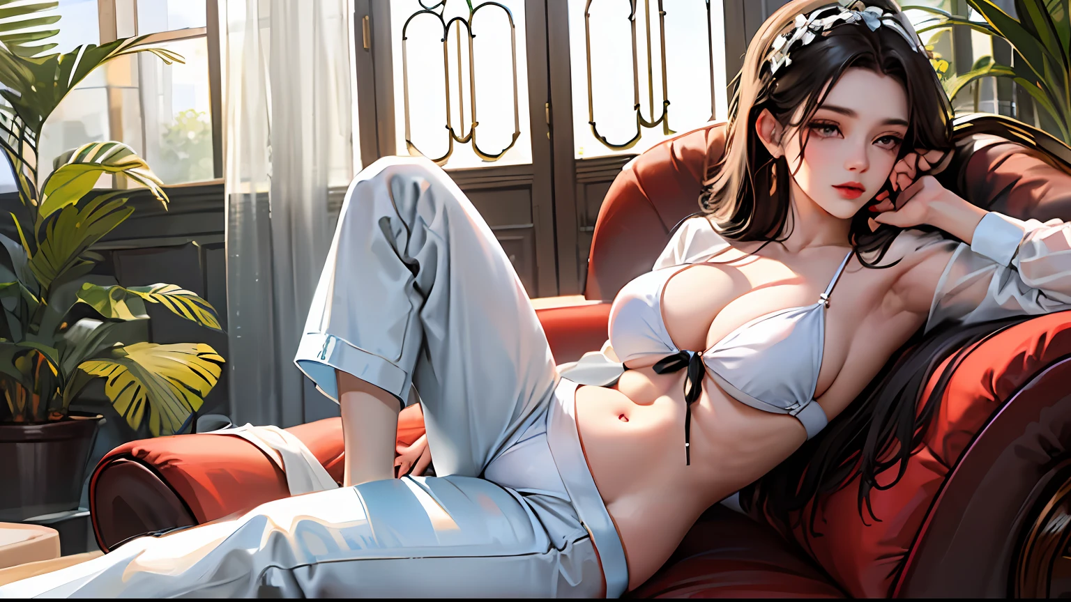 A woman in a white shirt and T-line pants sitting on a sofa, (((a boy lying on the couch with his head on the woman's lap))), bikini,, woman in a transparent swimsuit, cleavage, big breasts, sitting on the sofa, boy's head lying on the woman's lap