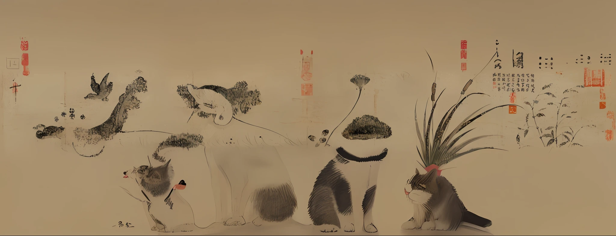 a close up of a painting of a cat and a dog, by Ma Yuanyu, by Shunbaisai Hokuei, by Saneatsu Mushanokōji, by Gu Kaizhi, by Sesshū Tōyō, by Emperor Huizong of Song, by Katsukawa Shunshō