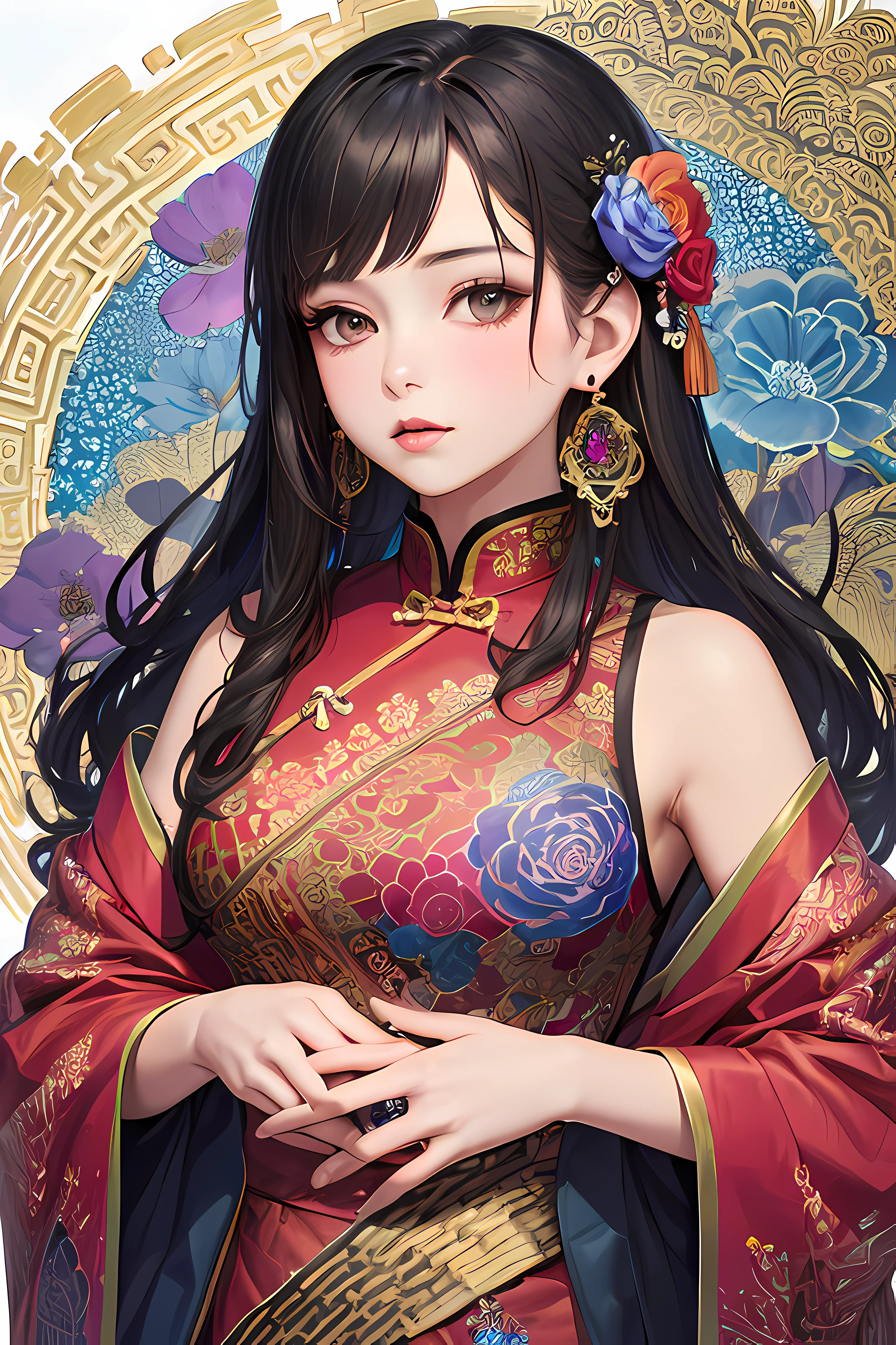 (masterpiece, top quality, best quality, official art, beautiful and aesthetic:1.2), (1girl:1.3), extremely detailed,(fractal art:1.1),(colorful:1.1)(flowers:1.3),highest detailed,(zentangle:1.2), (dynamic pose), (abstract background:1.3), (chinese Traditional cloth:1.2), (shiny skin), (many colors:1.4), ,(earrings:1.4),