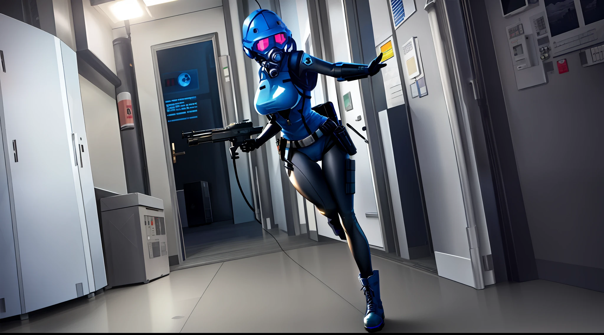solo, wide hips, ass, large breasts, curvy, thick thighs, techwear, sexy tight clothes, , tactical gear, holding weapon, blue camo, 1girl, (blue glowing eyes), glowing eyes, military uniform, smg, submachine gun, assault rifle, pistol, pistol holster, bulletproof vest, shoulder armor, vest collar, belt, grenade belt, tool belt, chest rig, gas mask, military, cyberpunk, ghost in the shell, night, stars, moon, tower, skyscraper, city, sci fi, dystopia, tablet, helmet, combine soldier, pouches, gloves, combat boots, radio, street, garbage on street, armband, science fiction, indoors, office, office cubicle, aiming weapon, city night, billboards, corporate, paper pile, computers, laptop, keyboard, cubicle, windows, dark room, mood lighting, (full body:1.3), (extremely detailed CG unity 8k wallpaper),(masterpiece), (best quality), (ultra-detailed), (best illustration),(best shadow), 8k, super detail, ccurate, best quality, UHD, dog tag, night sky, doors, tables, water cooler, pointing gun, pointing weapon, hallway, lamps, lightswitch, plate carrier, straps, kneepads, elbow pads, armor, bullet proof armor, athletic female, wearing gas mask, helmet, milf, neon genesis evangelion, thick, cameltoe, jump suit, two tone clothes, urban blue camo, abs, waistcoat, leg armor, mechanic