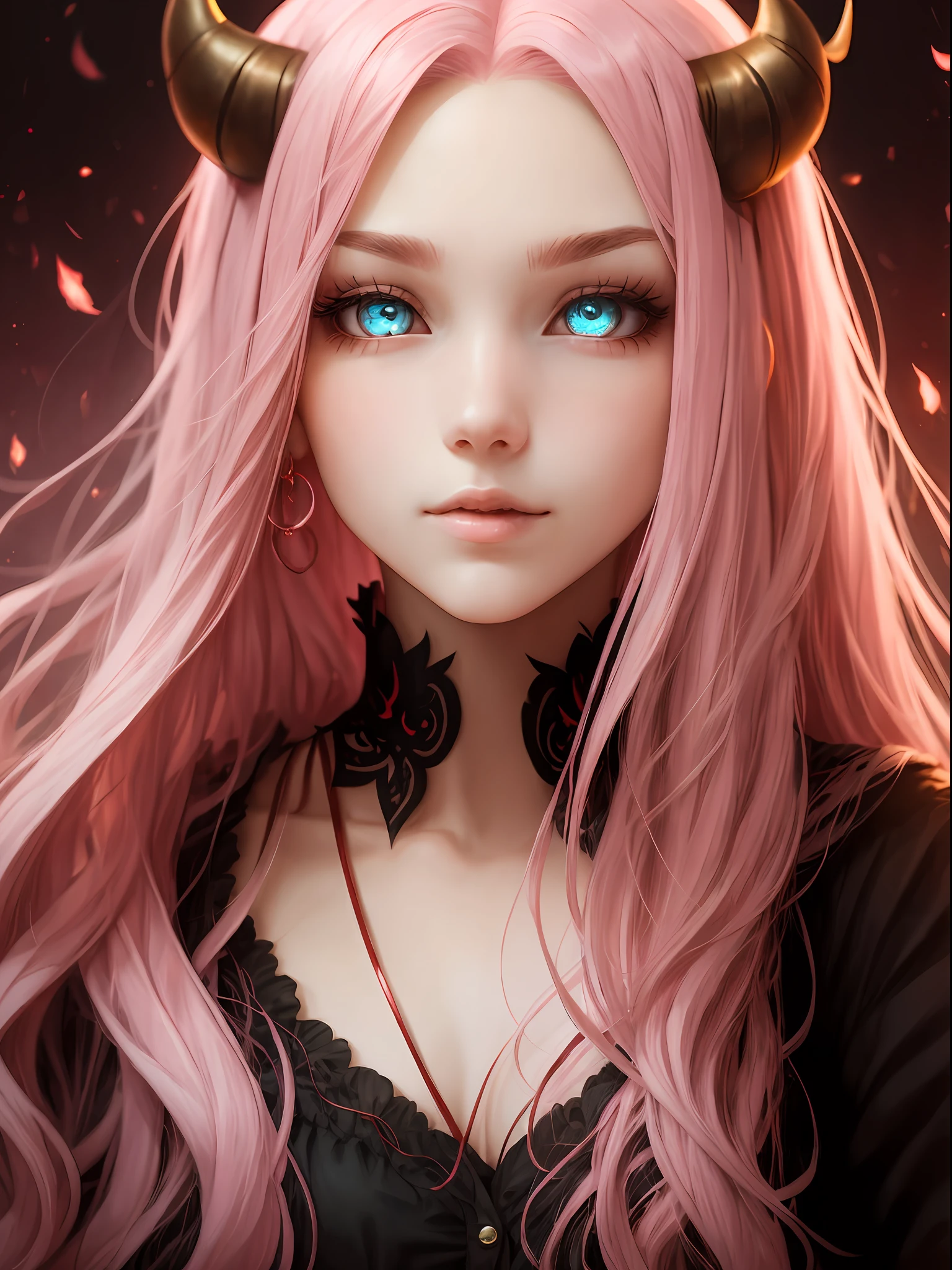 A girl with long pink hair, light eyes, wearing red devil horns, beautiful, loose hair, close-up --auto