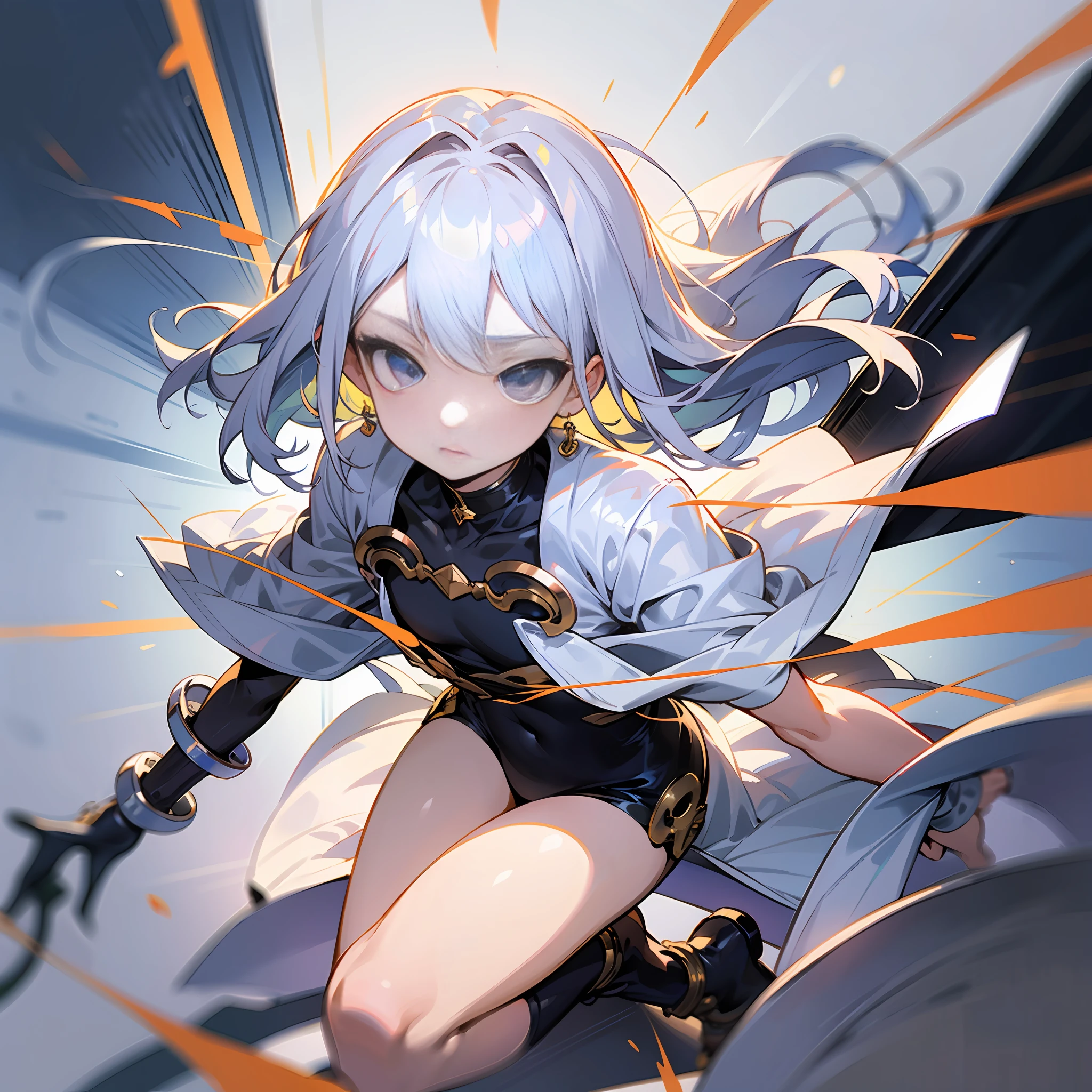 ((Best illustration)), ultra-clear and delicate, dynamic angle, loli style, white hair, clear eyes, small body, large chest, with leg rings.