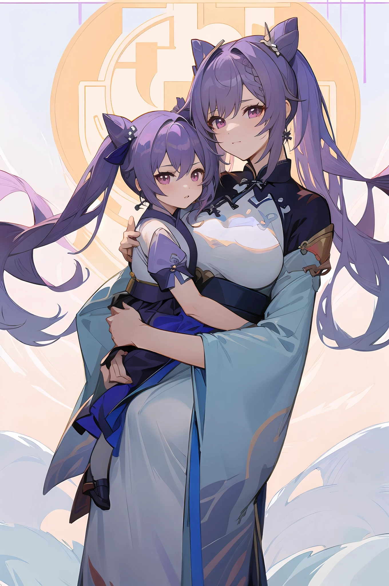 anime image of two women dressed in traditional china clothing in Fall, Cheongsam, palace a girl in hanfu, wlop and sakimichan, long hair, twintails, purple haired deity, characters from azur lane, anime fantasy illustration, from the azur lane videogame, genshin, artwork in the style of guweiz, cultivator detailed art, two beautiful anime girls, mother and child, symbol of maternal love, mother and child, such as photos of mother and child