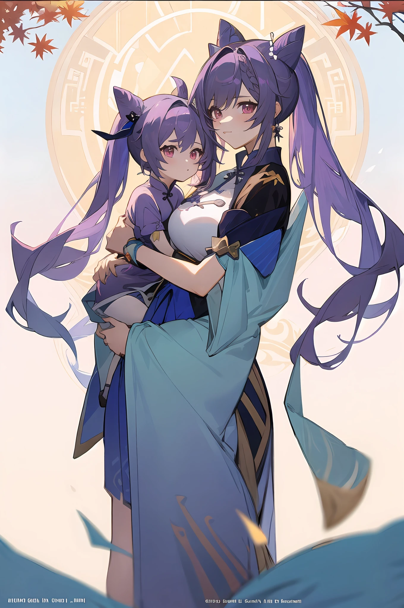 anime image of two women dressed in traditional china clothing in Fall, Cheongsam, palace a girl in hanfu, wlop and sakimichan, long hair, twintails, purple haired deity, characters from azur lane, anime fantasy illustration, from the azur lane videogame, genshin, artwork in the style of guweiz, cultivator detailed art, two beautiful anime girls, mother and child, symbol of maternal love, mother and child, such as photos of mother and child