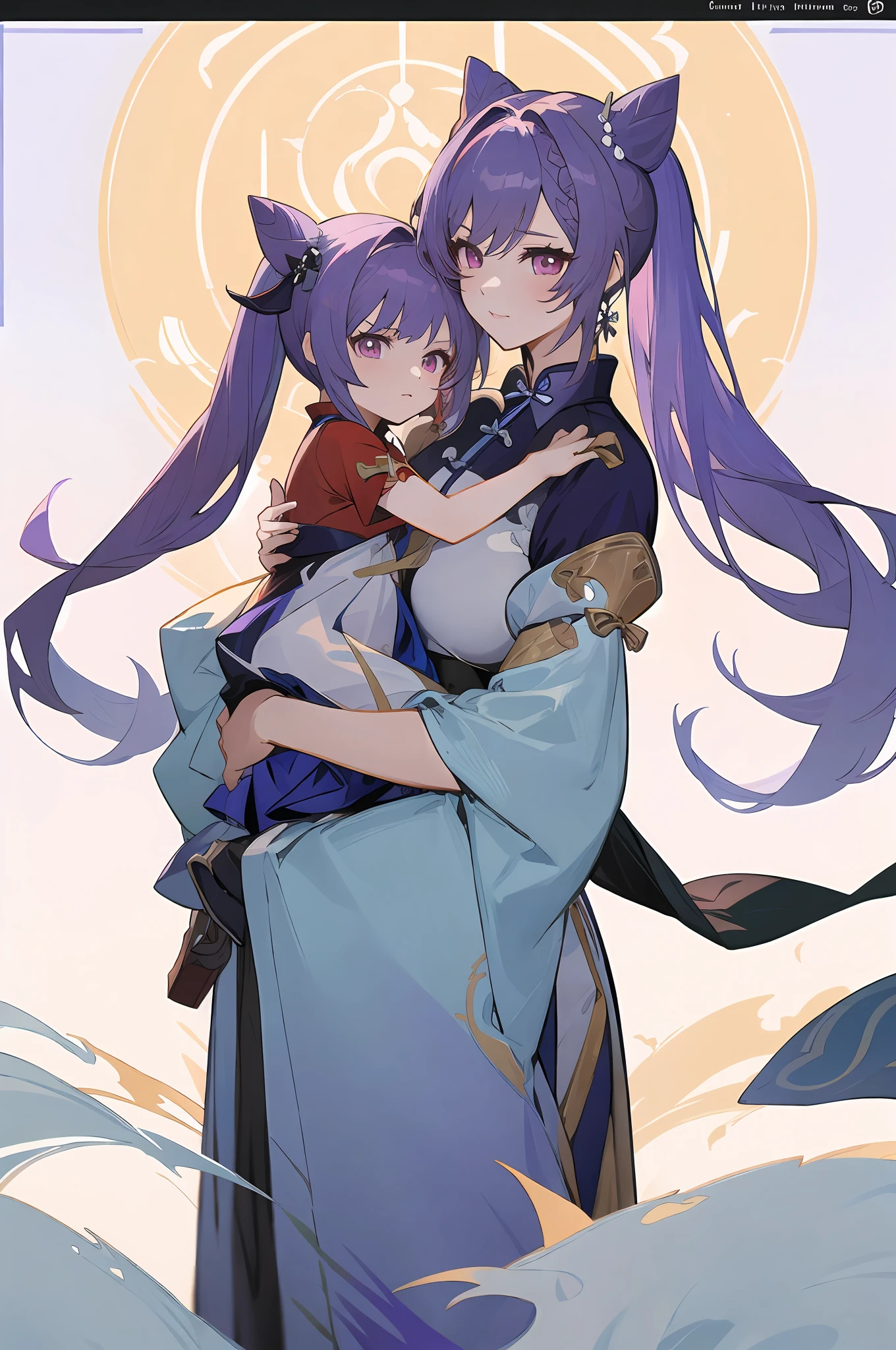 anime image of two women dressed in traditional china clothing in Fall, Cheongsam, palace a girl in hanfu, wlop and sakimichan, long hair, twintails, purple haired deity, characters from azur lane, anime fantasy illustration, from the azur lane videogame, genshin, artwork in the style of guweiz, cultivator detailed art, two beautiful anime girls, mother and child, symbol of maternal love, mother and child, such as photos of mother and child