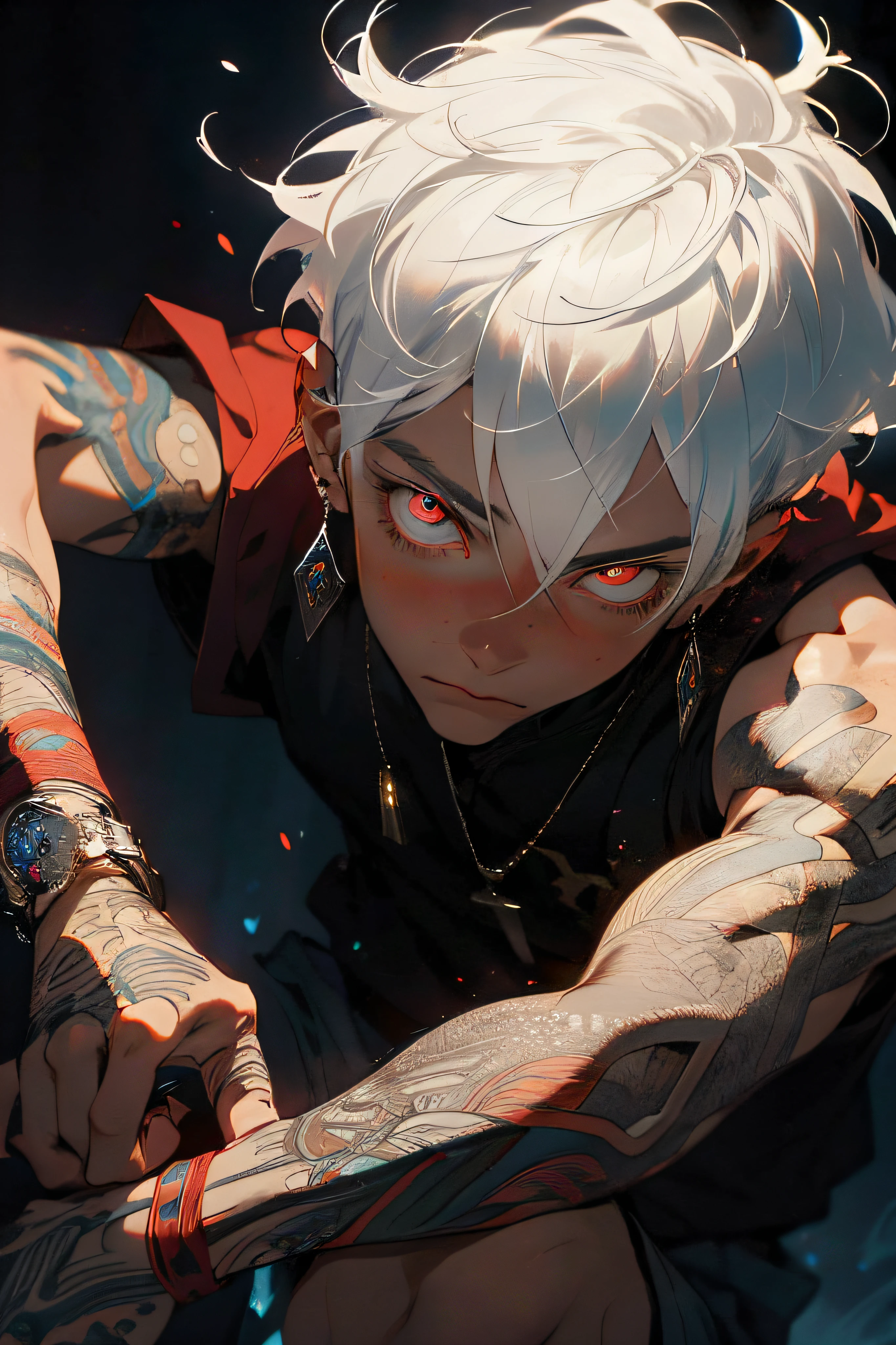 Realism, masterpiece, best quality, beauty and aesthetics, very detailed, fractal art, colorful, most detailed, zentangle, abstract background: 1.5, 1 boy: 1.3, god, white hair, short hair, glowing red eyes, mysterious, magical, ice, handsome man, asian style